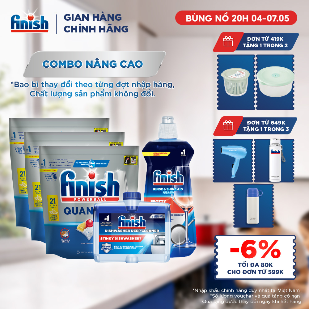 Combo Nâng Cao: 3 X Túi 21 Viên Nước Rửa Bát Powerball Quantum + Nước Làm Bóng Rinse  Shine Aid + Dung Dịch Tẩy Rửa Máy Rửa Chén Bát
