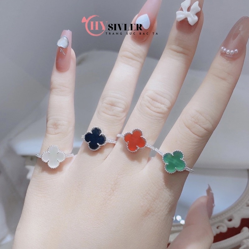 Nhẫn bạc ta cỏ 4 lá đen may mắn đính đá nhẫn bạc ta cỏ 4 lá 4 màu đen trắng xanh đỏ mặt đá dày dặn nhẫn nữ bạc thật