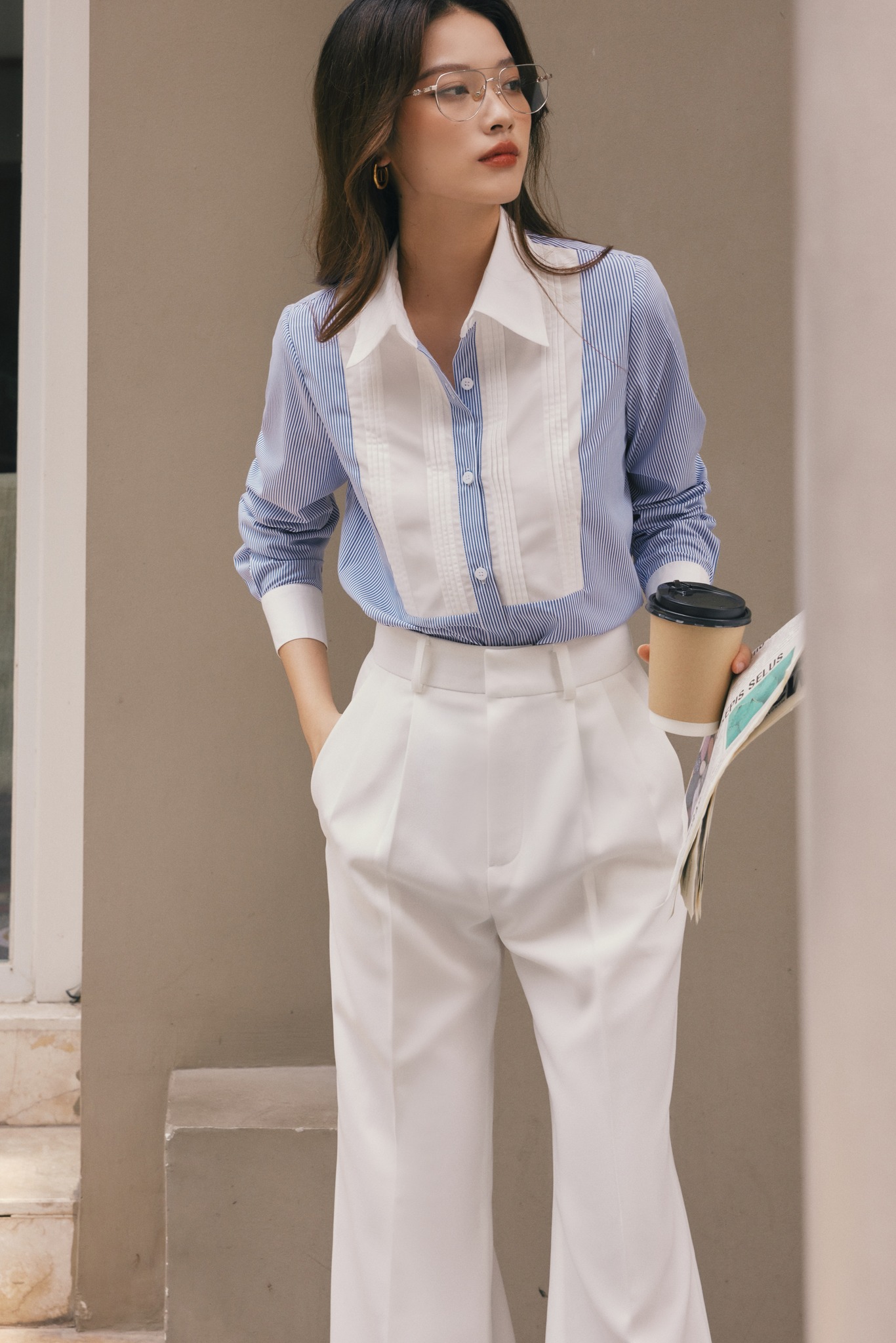 Bssm26 - áo sơ mi cotton kẻ xanh pha trắng - huong boutique