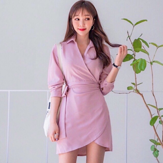 Đầm sơ mi hồng đắp tà v2