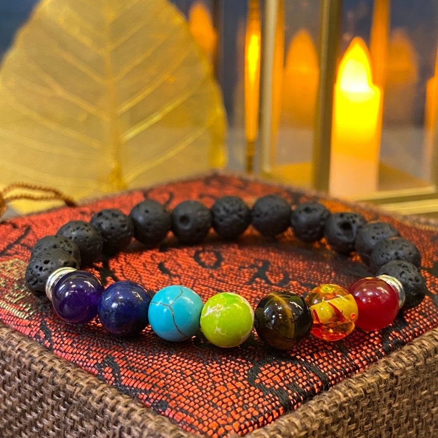 Vòng đeo tay khuếch tán tinh dầu đá nham thạch Charka Yoga, đá 8 li, size tay 17-18CM