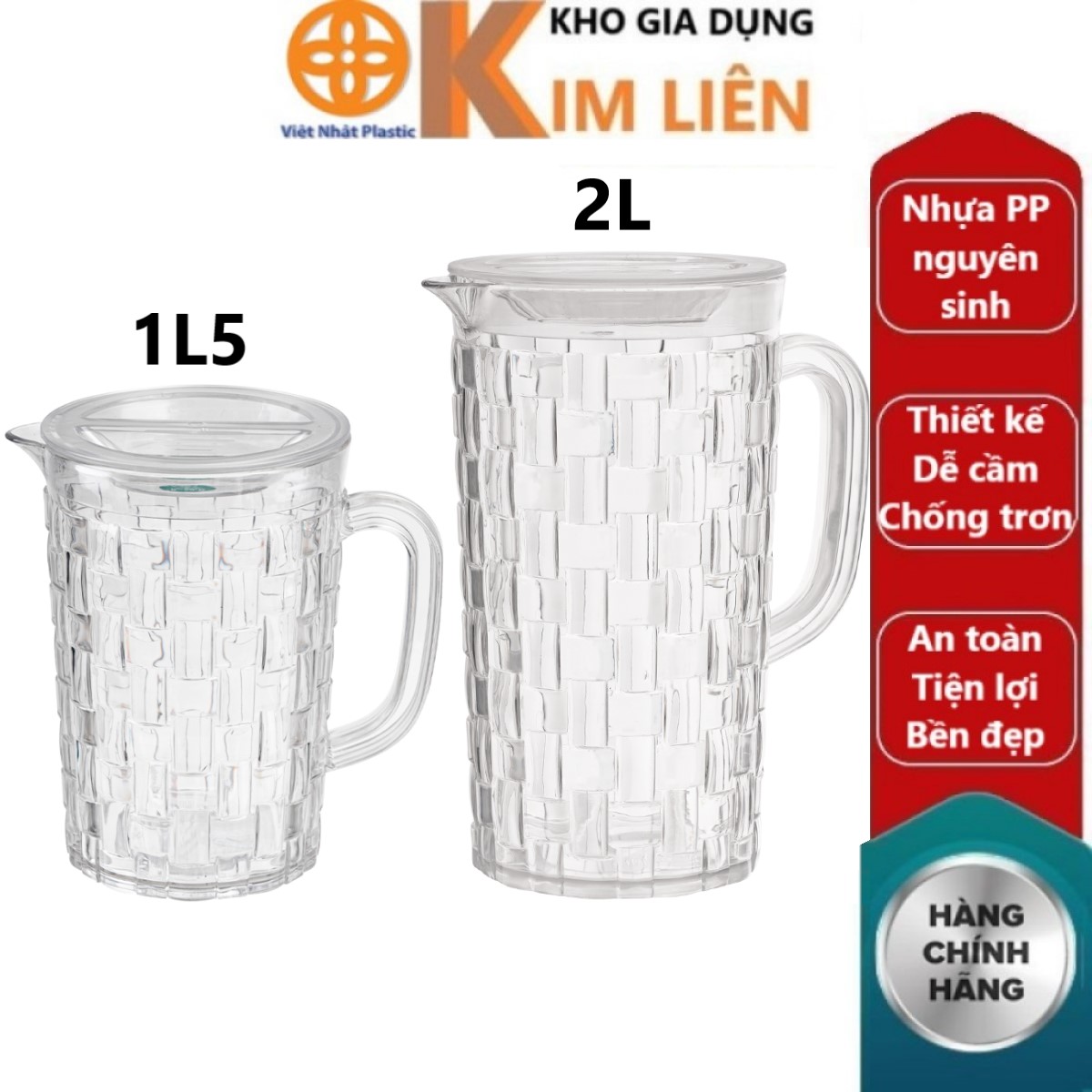 Ca nước tròn trong HOKORI nhựa VIỆT NHẬT cao cấp - Họa tiết caro đan, nắp đậy có lưới lọc - 6098/9