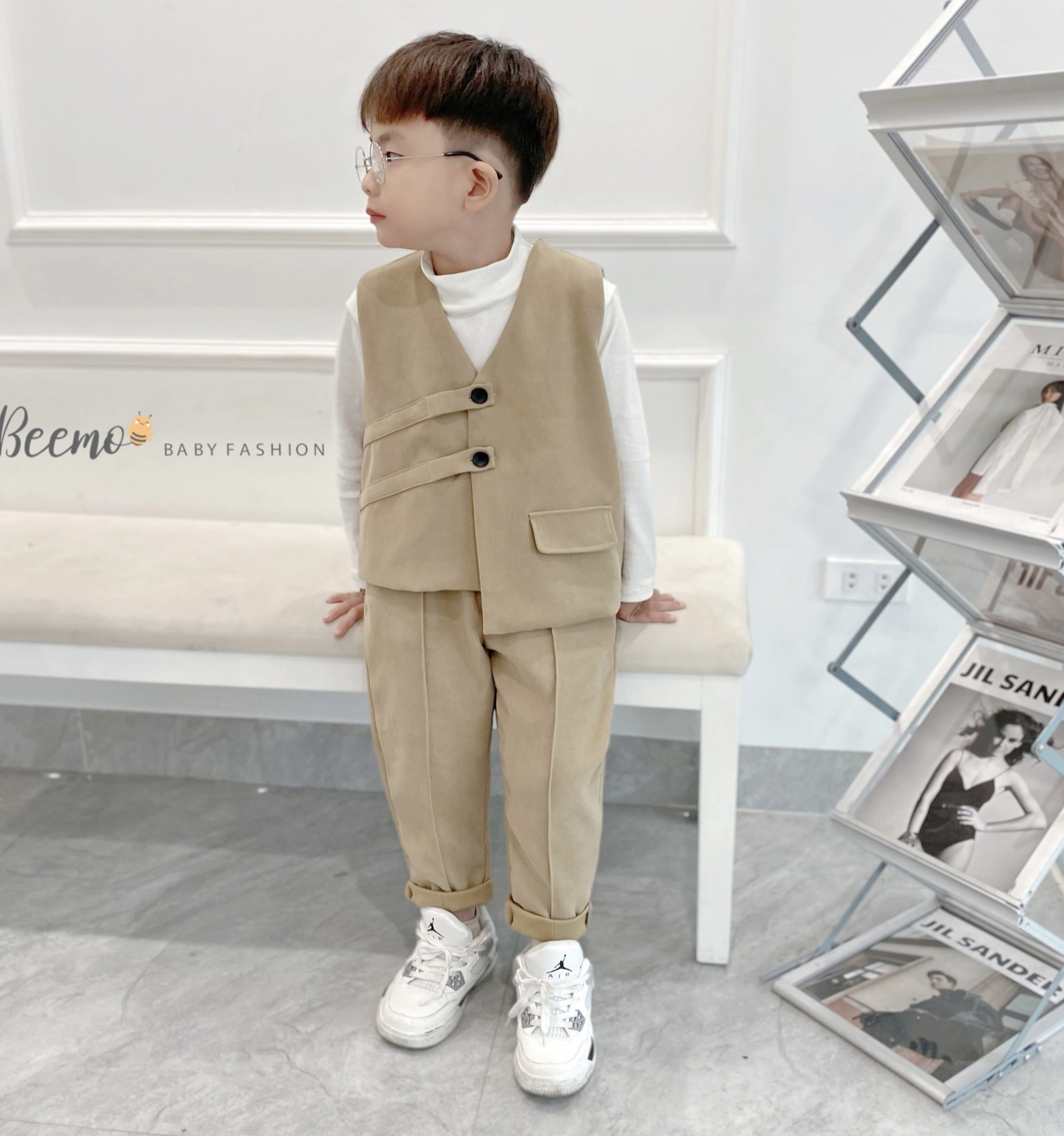 Set bộ vest Gile Beemo công tử chất liệu nhung chéo Hàn Quốc mặc sự kiện, lễ Tết cho bé từ 1 đến 6 tuổi - 22352B