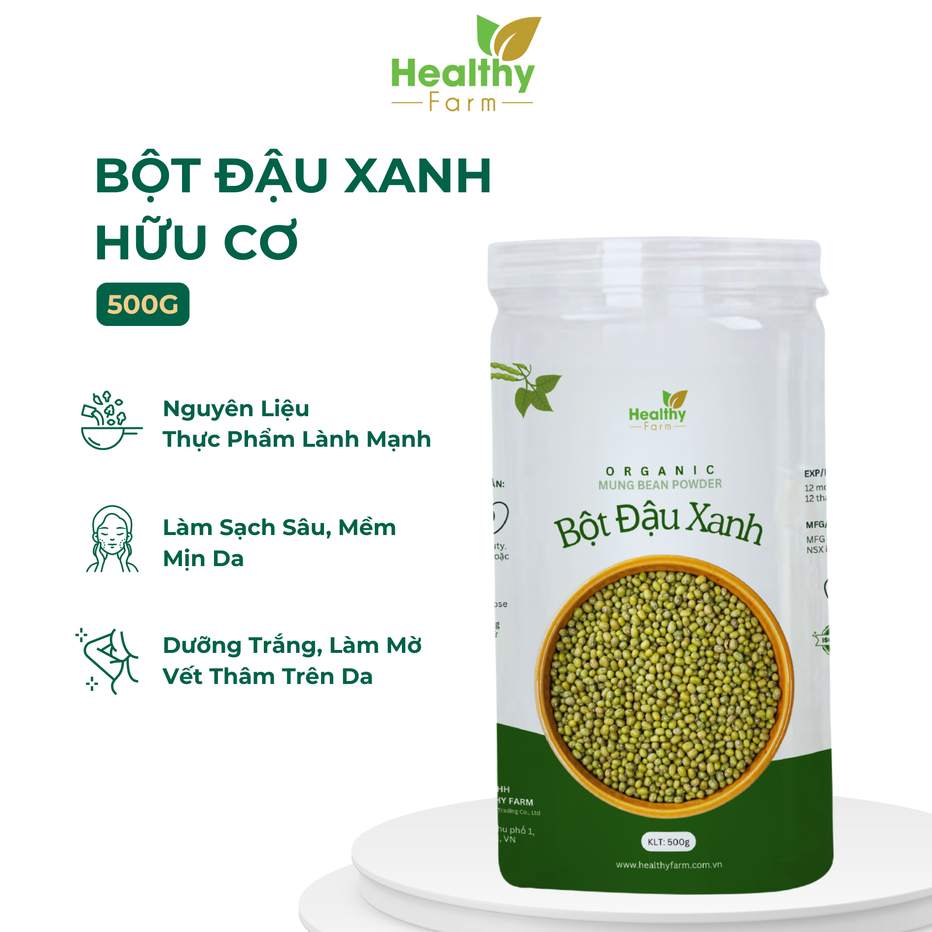 Bột Đậu Xanh Hữu Cơ Healthy Farm - Lon 500g