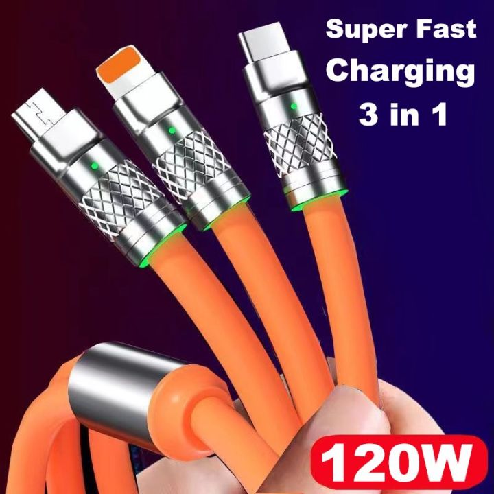 Cáp sạc nhanh 120w silicon 3 đầu bọc thép dây dài 1.2m tiện lợi