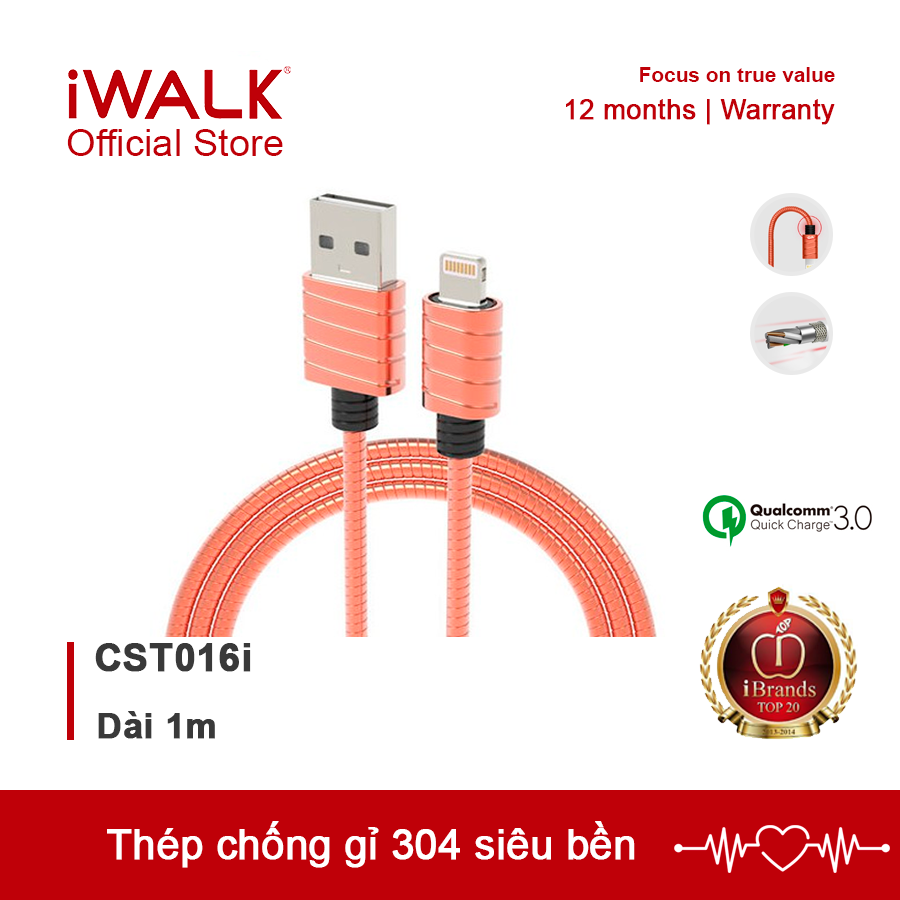 Cáp sạc nhanh iPhone chuẩn MFI tốc độ 2.4A - iWALK CST016i Lighning siêu bền, siêu chắc, sạc nhanh cho iPhone 8, 8 Plus, iPhone X, Xr, Xs, Xs Max, iPhone 11, 11 Pro, 11 Pro Max - Bảo hành Chính Hãng 12 tháng