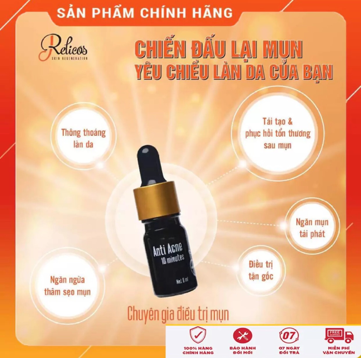 Serum mụn Relicos ( ko Bong Tróc,Ko Sưng Đỏ,Cam Kết Hết Mụn, Hết Thâm,Da Trắng Mịn Màng )