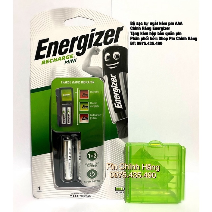 Bộ Sạc Pin Energizer Mini CH2PC4 Kèm 2 Pin Sạc AAA 700 mAh Hàng Chính Hãng Tặng Kèm Hộp Bảo Quản Pin