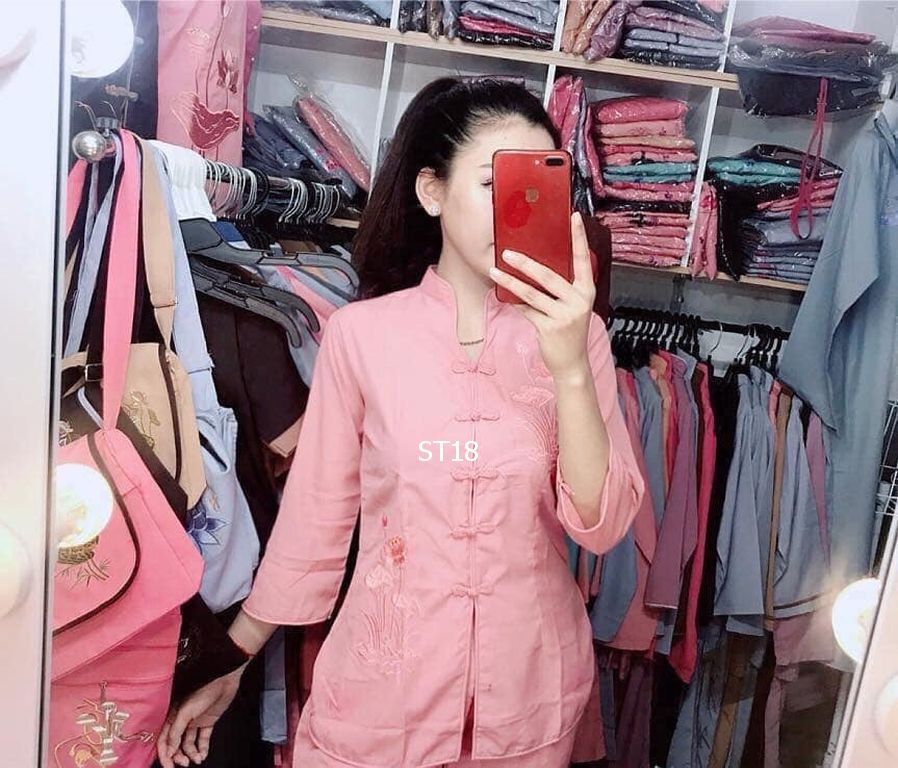 Đồ lam đi chùa mẫu sẩm tàu vải kate mềm thêu hoa sen