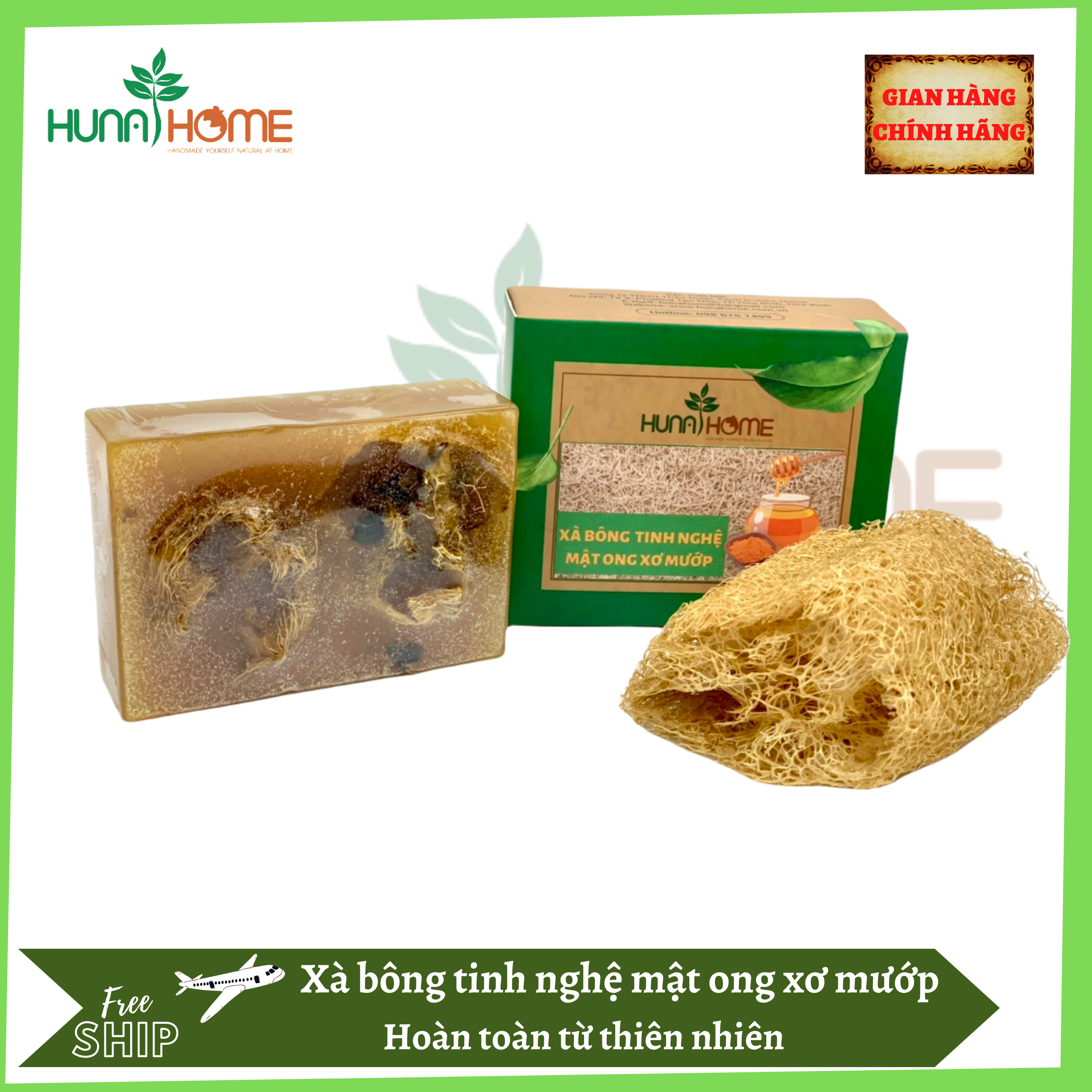 Xà bông tinh nghệ mật ong xơ mướp Huna Home - Hoàn toàn từ thiên nhiên (tặng kèm túi lưới)