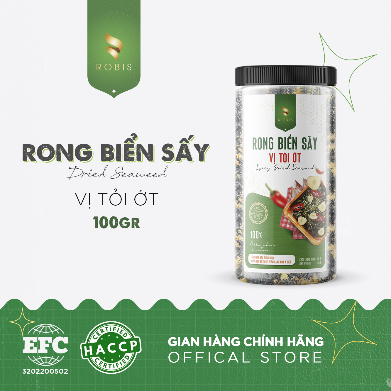 Rong biển ăn liền tỏi ớt robis, rong biển sấy khô đậm vị giòn tan - hũ 100g