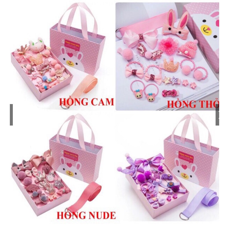 Hộp nơ kẹp, thun cột tóc 18 chi tiết cho bé