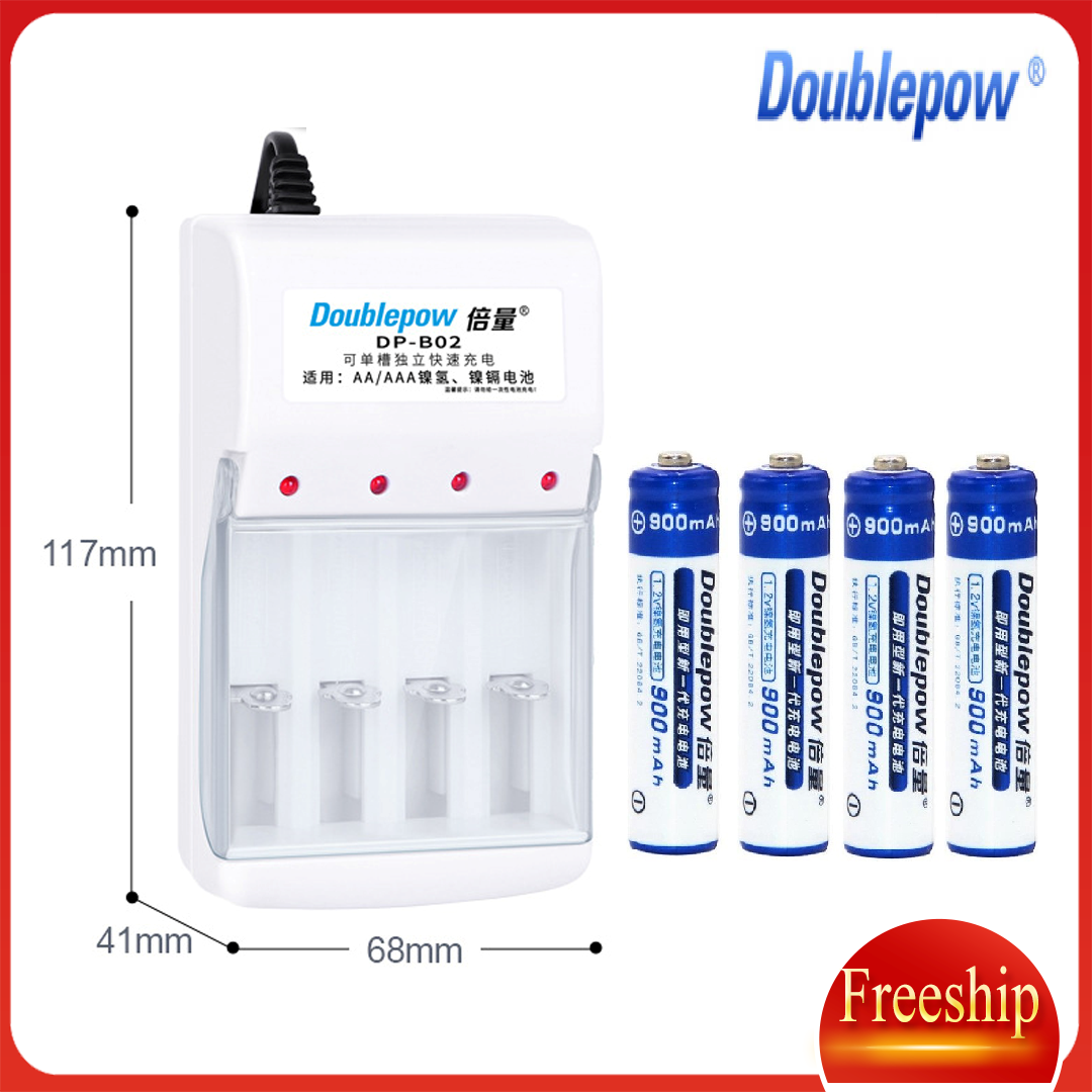 Combo sạc pin 4 cổng b02 và 04 viên pin sạc aaa 900mah - doublepow