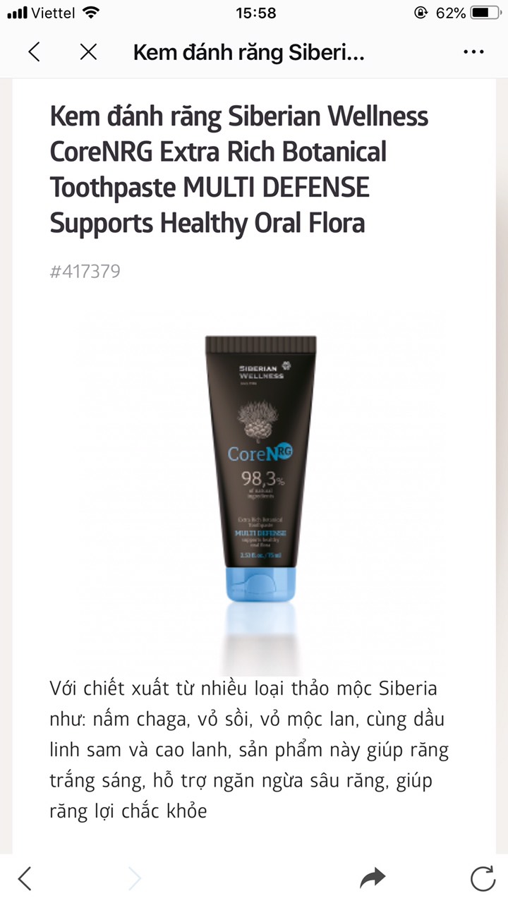 (CHÍNH HÃNG) Kem đánh răng Siberian Wellness CoreNRG Extra Rich Botanical Toothpaste MULTI DEFENSE Supports Healthy Oral Flora- 75ml