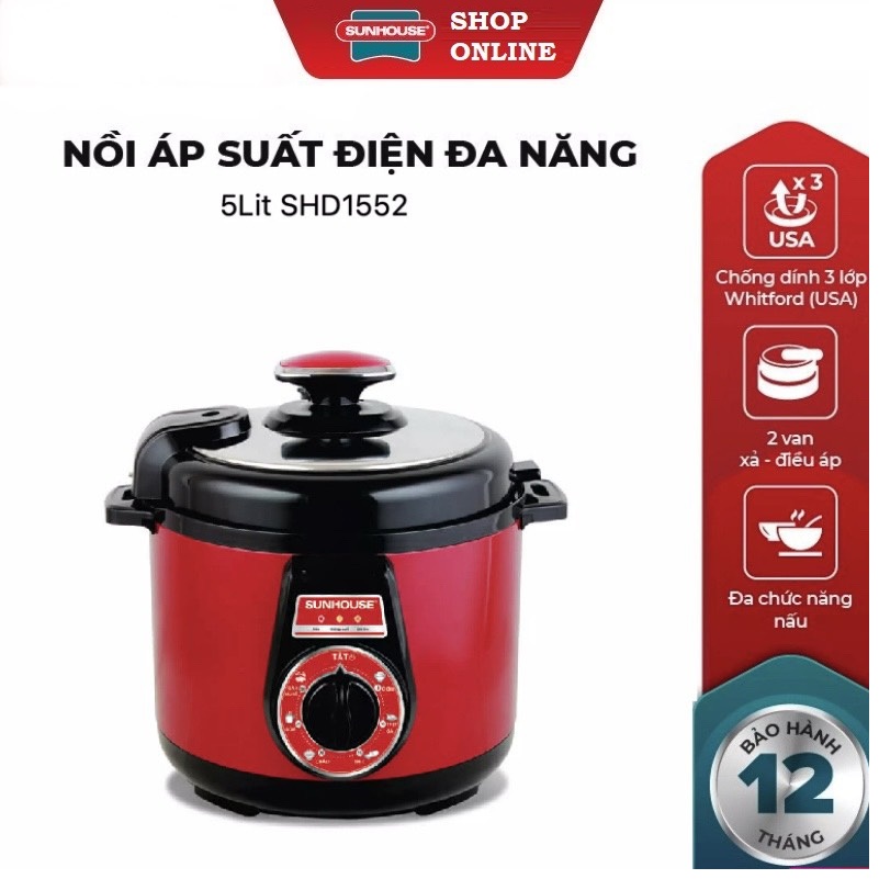 Nồi áp suất điện đa năng sunhouse shd1552 - nồi áp suất đa năng, nồi hầm điện đa năng dung tích 5 lít màu đỏ