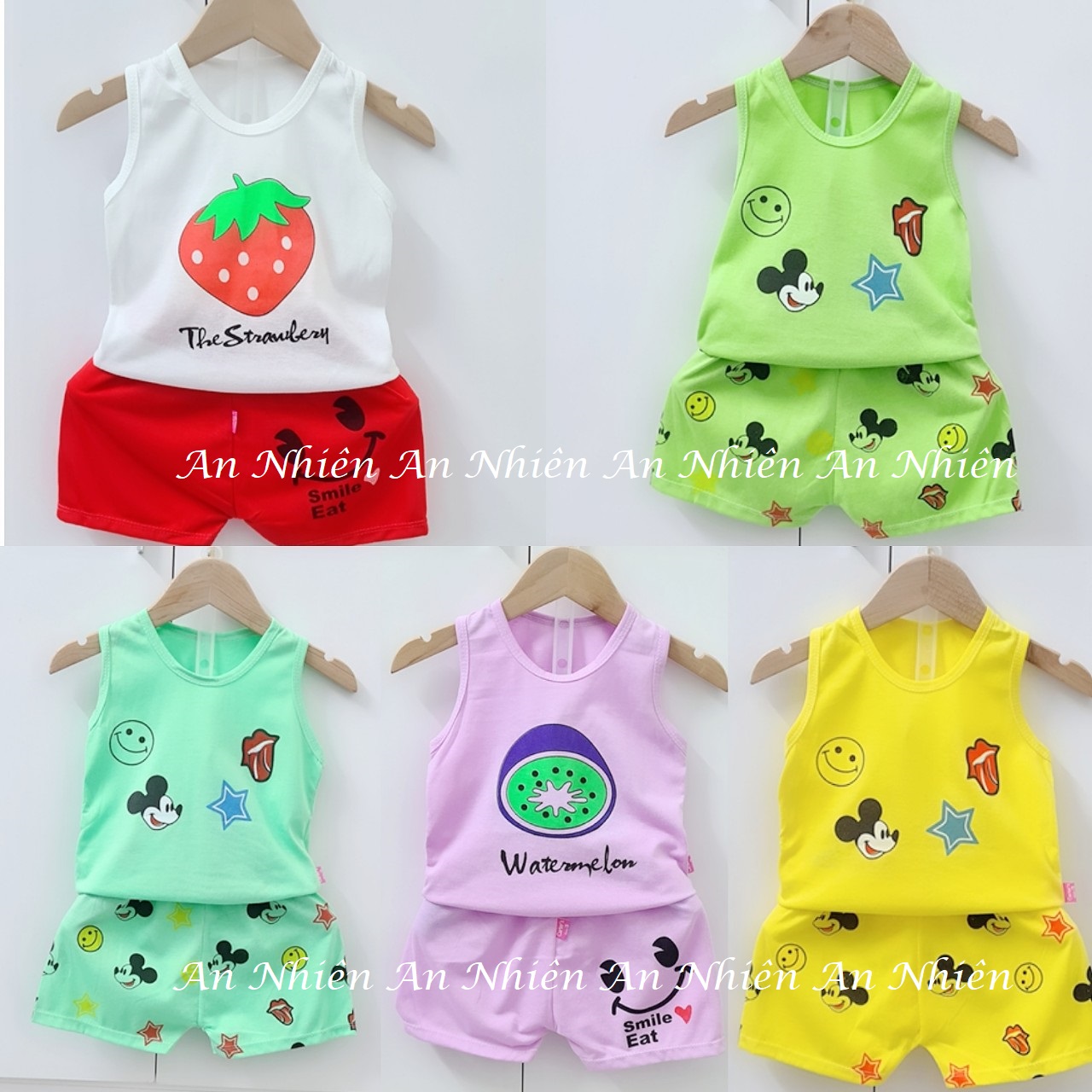 Quần áo trẻ em: Set bộ quần đùi áo sát nách trái cây màu cho bé 3-15kg