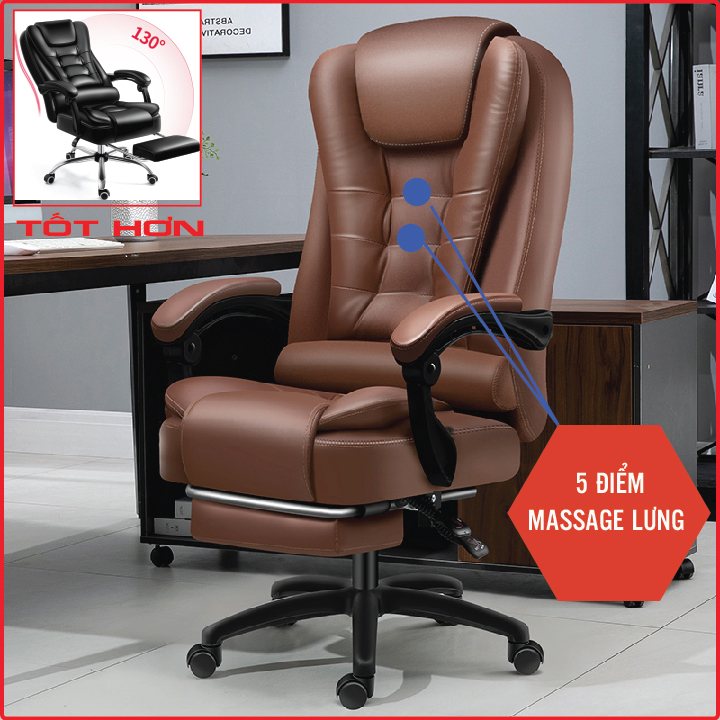 Ghế Da Xoay Văn Phòng, Ghế Làm Việc Giá Tốt, Ghế Ngả Lưng - Tựa Đầu - Kê Chân, Ghế Có Massage Rung Thư Giãn 5 Điểm