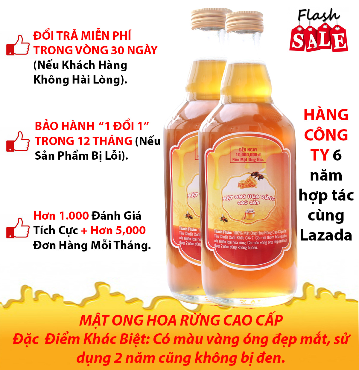 Mật Ong nguyên chất Hoa Rừng 1000ml -2 chai thủy tinh 500ml, cam kết chất lượng, miễn phí đổi trả