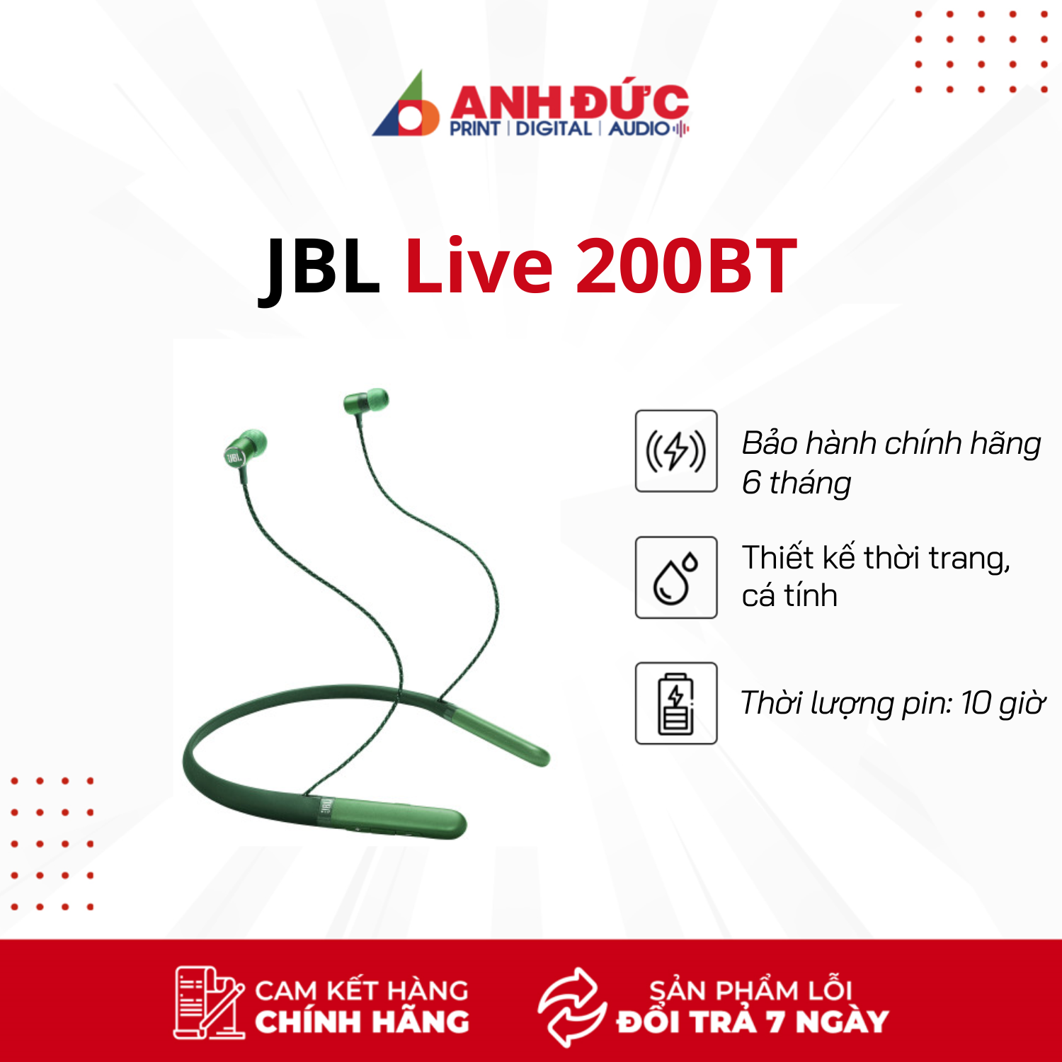 Tai nghe nhét tai jbl live 200bt green chính hãng - pin hoạt động 10h liên tục