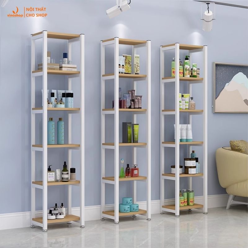 VNH-516 Kệ sắt mặt gỗ trưng bày sản phẩm, kệ sách, kệ cây, trang trí phòng khách, phòng làm việc 6 tầng,