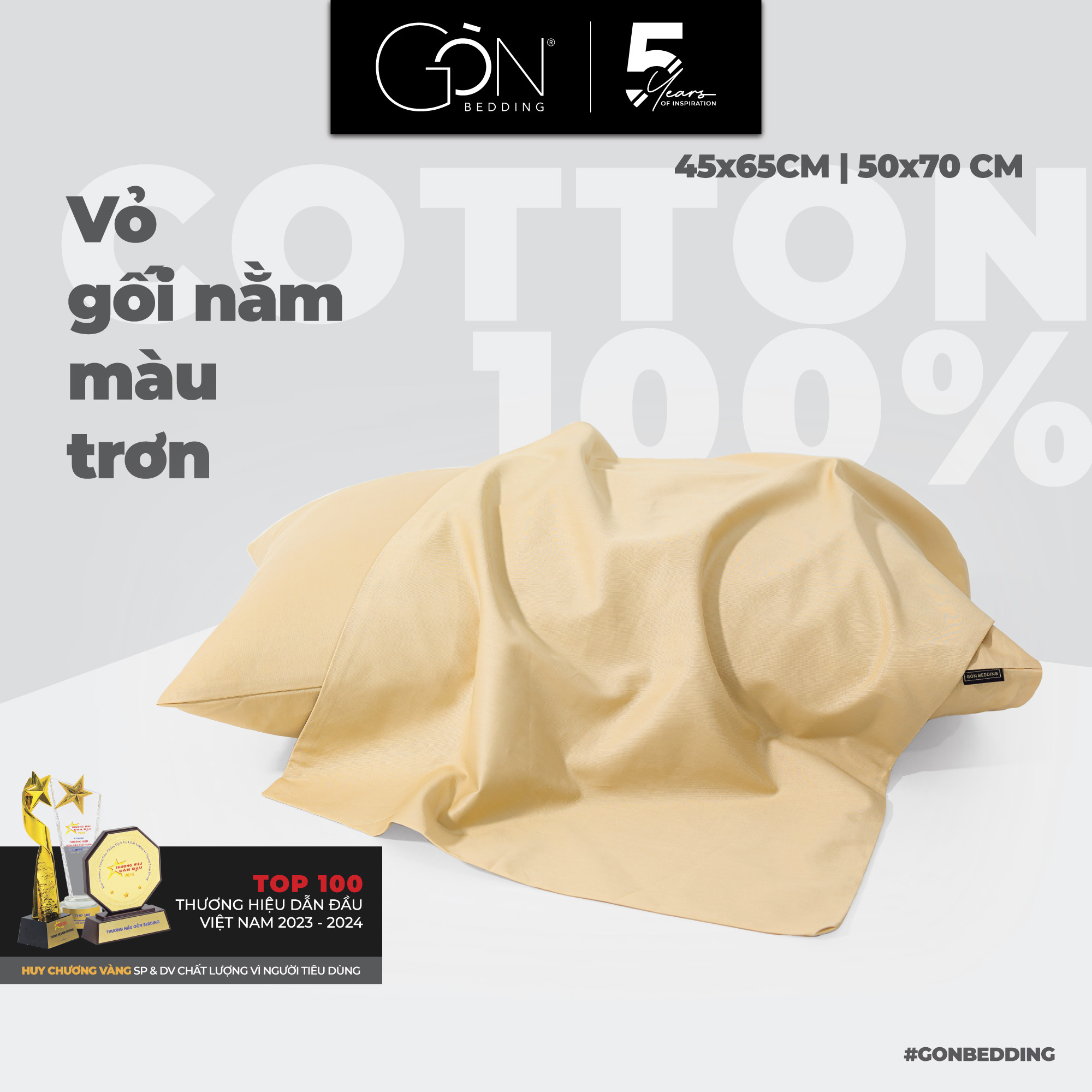 Vỏ Gối Nằm 50x70 cm Gòn Bedding Cotton 100% Hàn Quốc Màu Trơn (01 Chiếc)