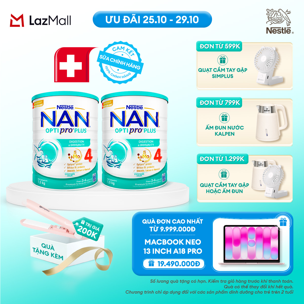 [CHỈ 25-29.10 QT ĐƠN 599K/799K/1299K] [Tặng Máy uốn duỗi Simplus] Combo 2 lon Sữa bột Nestlé NAN OPTIPRO PLUS 4 1500g/lon với 5HMO Giúp tiêu hóa tốt