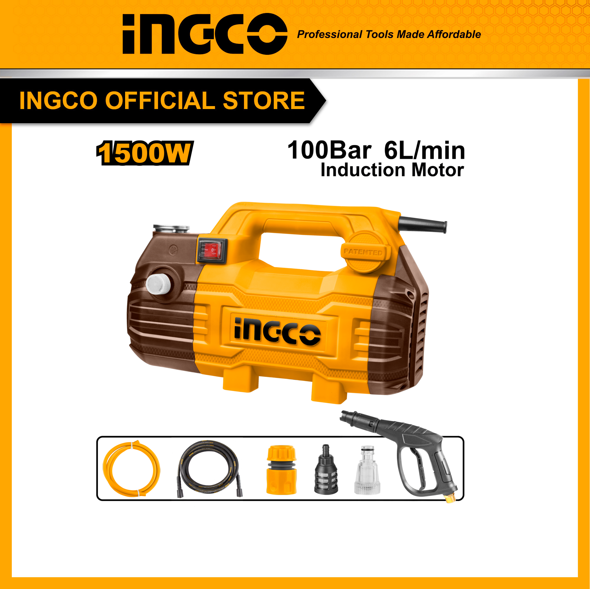  Máy rửa xe gia đình 1500W dây đồng motor không chổi than áp lực nước 100Bar  INGCO HPWR15028 