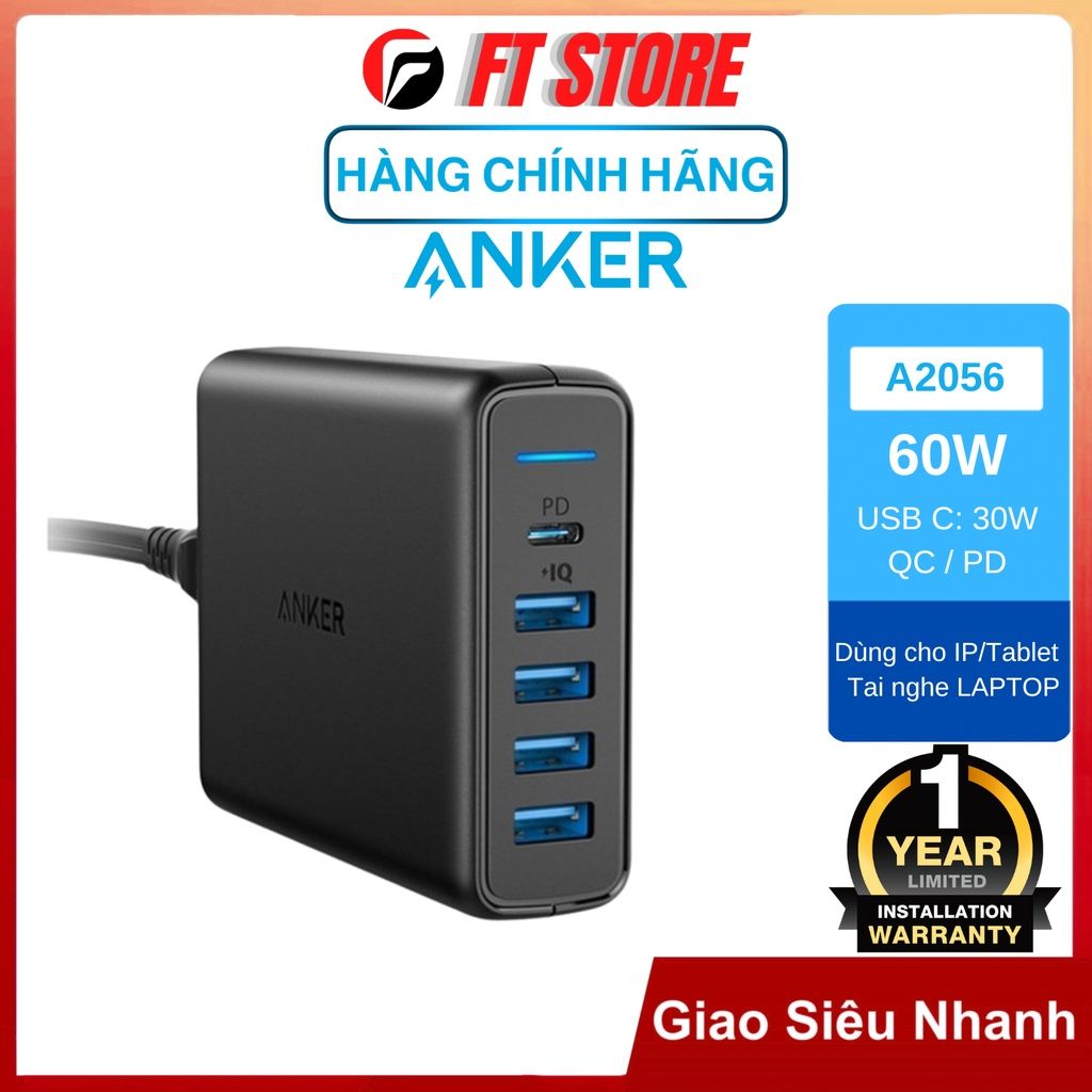 Sạc bàn anker powerport speed 5 60w , 1 usb-c pd , 4 usb a iq - a2056 bh12th - ftstore