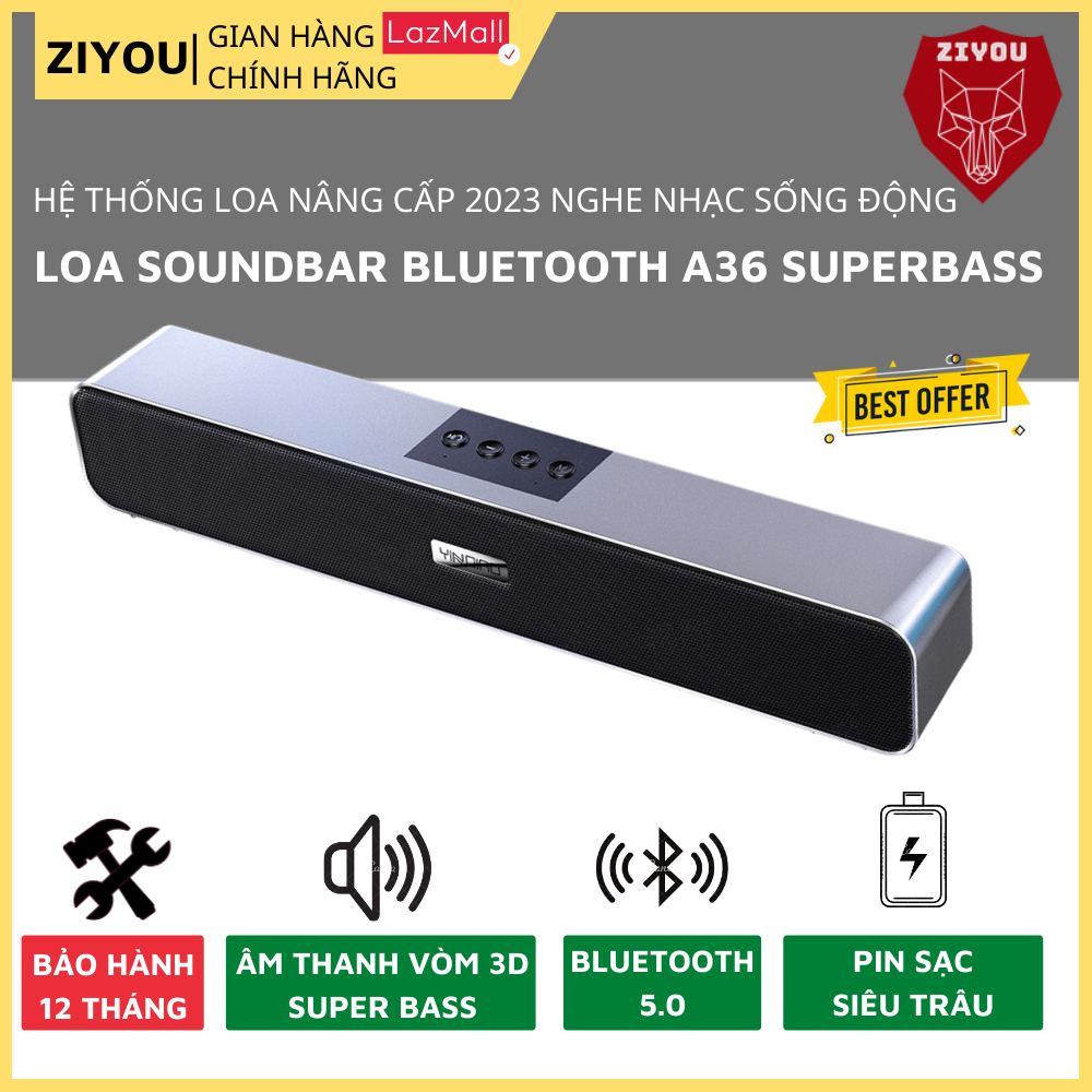 Loa Bluetooth Không Dây Vi Tính A36 Thiết Kế Soundbar Siêu Đẹp, Âm Thanh Mạnh Mẽ, Sử Dụng Pin Sạc Dùng Cực Lâu, Trang Bị Bảng Điều Khiển Trên Loa, Dễ Dàng Kết Nối Với Máy Tính, Laptop, PC, Tivi - ZIYOU