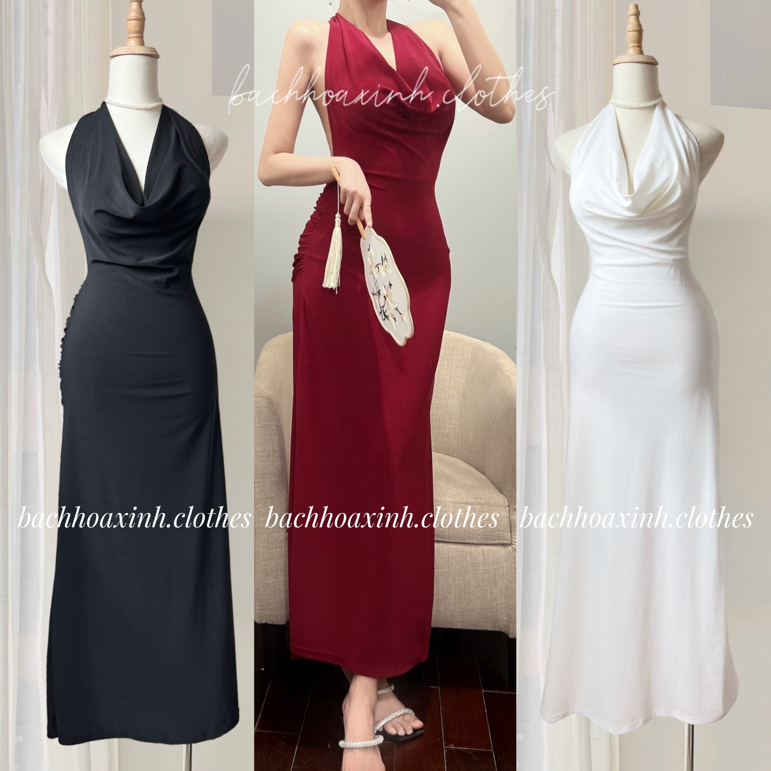 SẴN MÚT | Đầm body form dài cổ đổ hở lưng nhún mông sexy dự tiệc