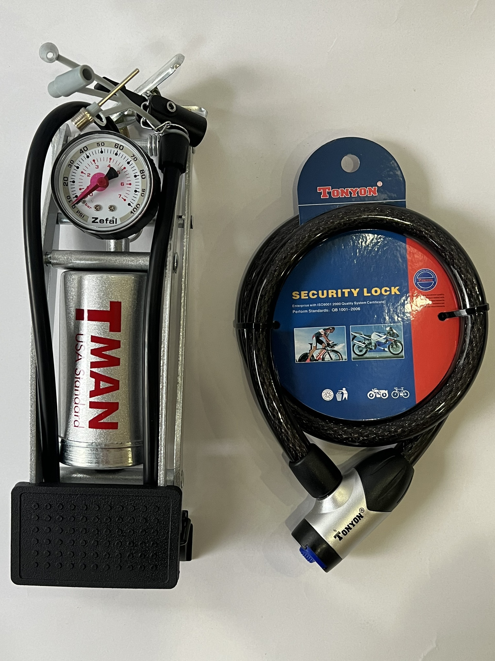 Combo 2 chiếc bơm xe máy T-Man USA Standard và khóa dây cáp chìa điện tử