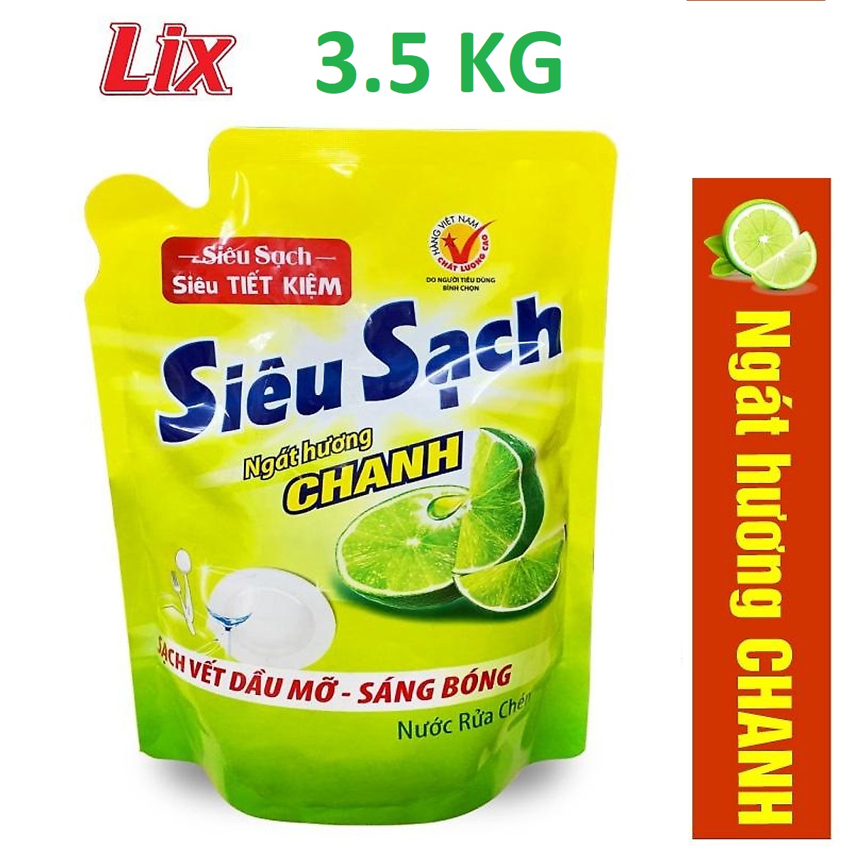 Nước rửa chén LIX 3.5KG Hương Chanh siêu sạch loại Túi sạch vết bẩn dầu mỡ