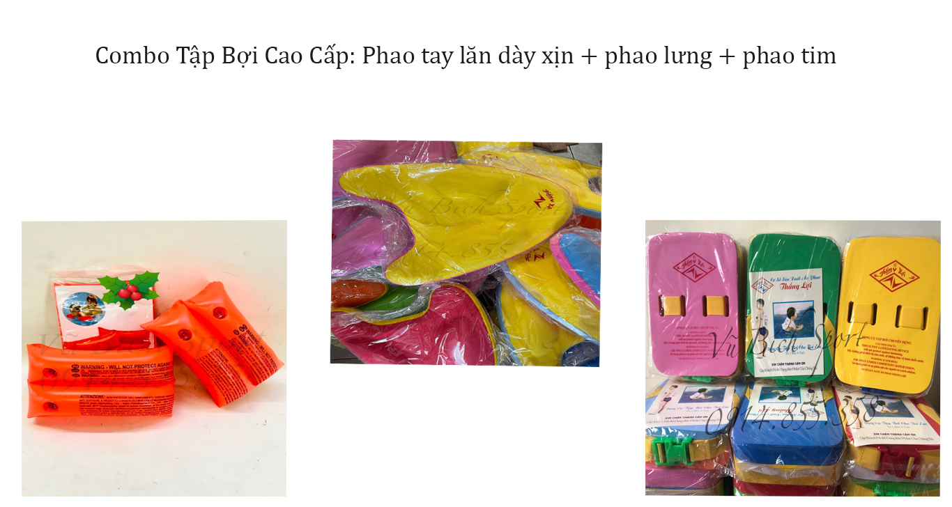 Set tập bơi gồm 3 bộ: phao tay lăn xịn/ dày + phao lưng + phao tim