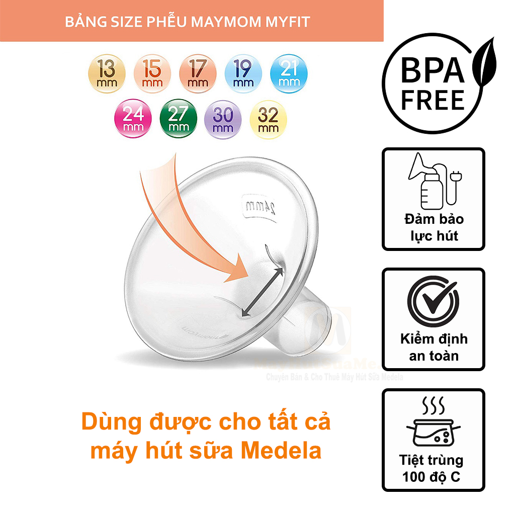Phễu hút sữa medela - sản xuất bởi maymom - size 15mm, 17mm, 19mm, 21mm, 24mm, 27mm, 30mm