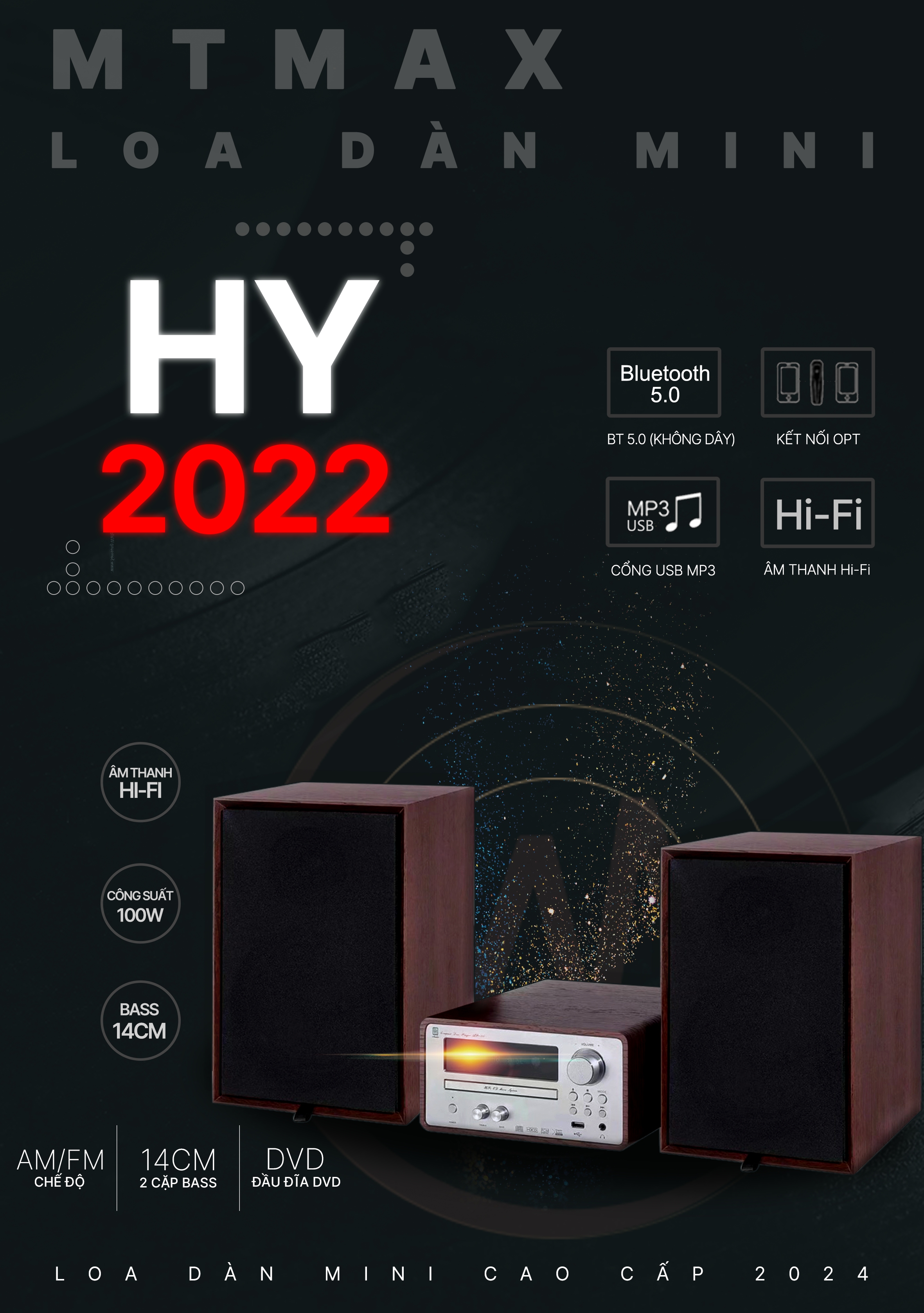 Loa dàn nghe nhạc có amply MTMAX HY2022 mini sang trọng âm thanh HIFI bass 16cm có bluetooth ổ đĩa CD đài AM FM siêu hay bảo hành 12 tháng