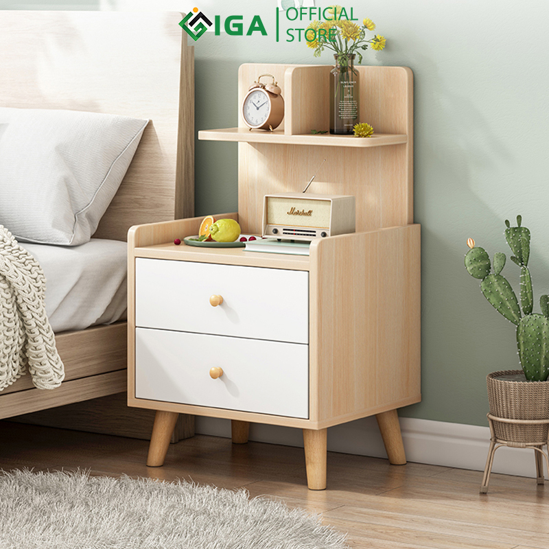 Tab đầu giường Tủ đầu giường gỗ kèm kệ thông minh hiện đại IGA-GP172