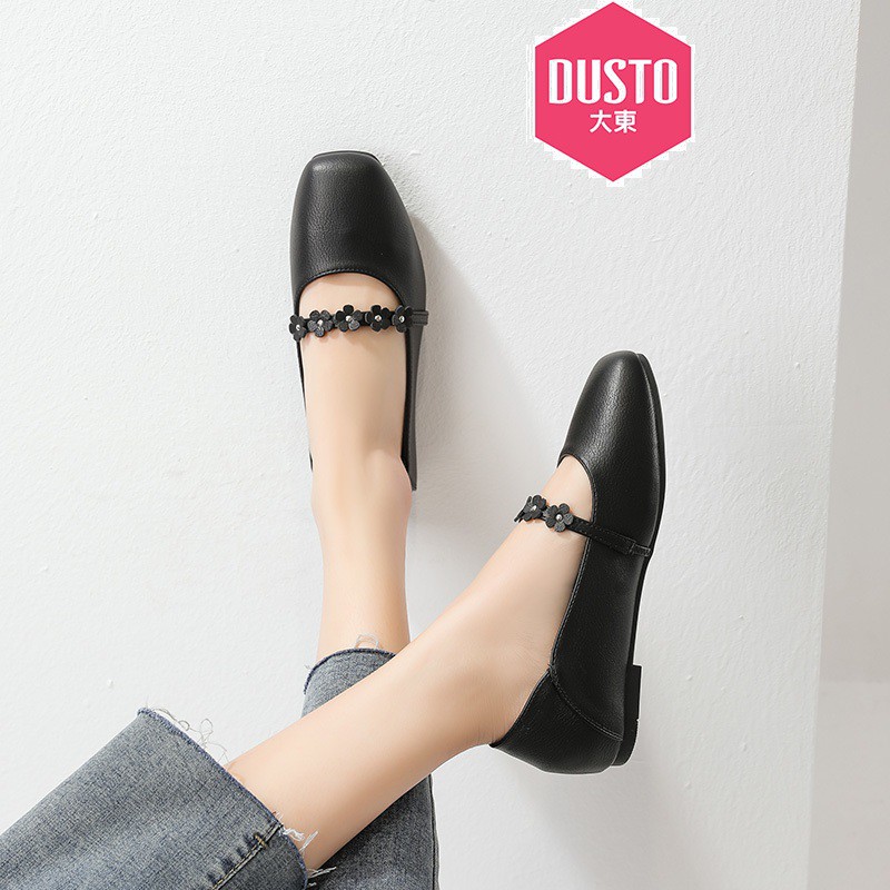 Giày búp bê DUSTO da mềm, mũi viền dây đính hoa, đế bệt 1cm size 35-225
