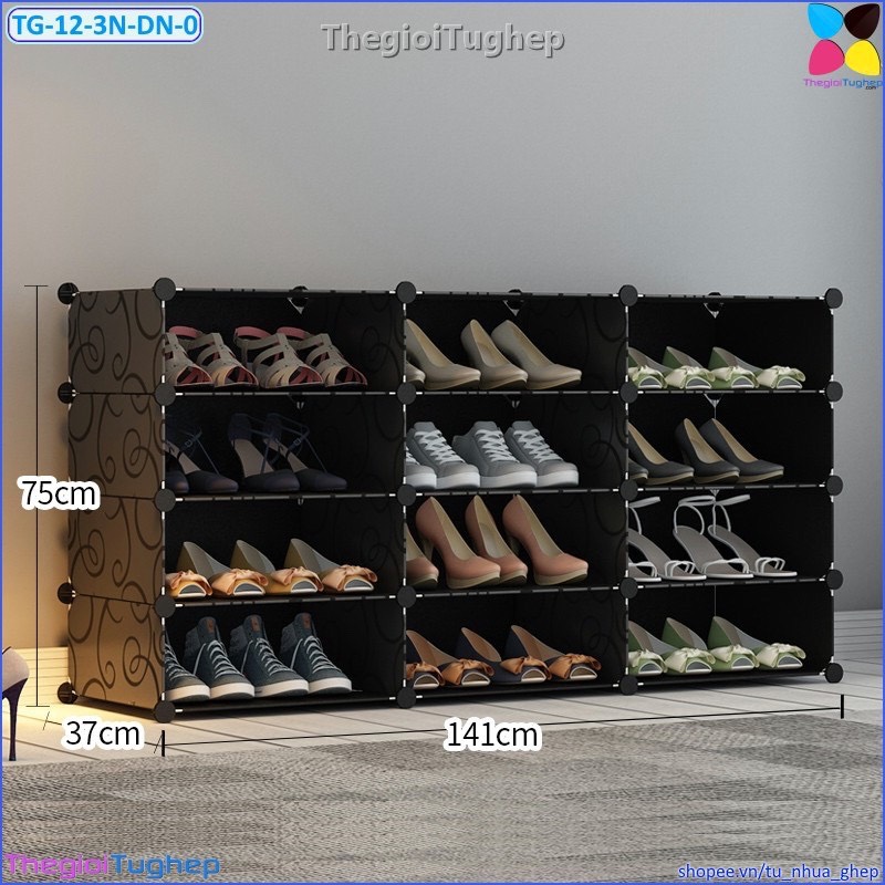 [ SALE OFF 45%] Tủ giầy lắp ghép 12 ô 3 cột 4 tầng bằng nhựa lắp ghép màu đen, trắng, hồng, vàng, xanh (không cánh cửa, để được 24 đôi)