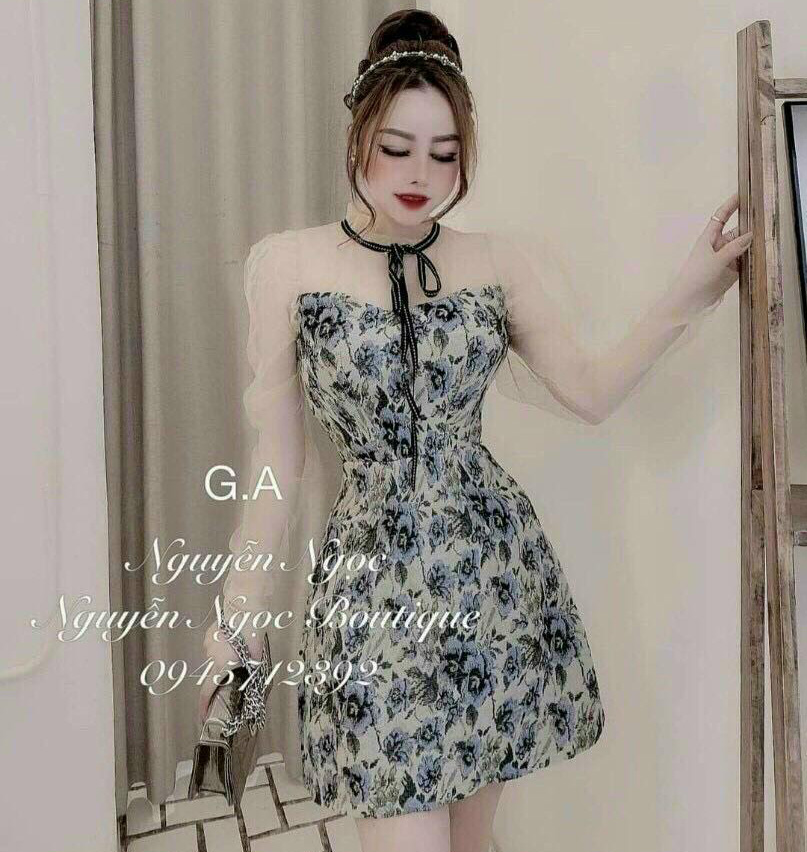 Đầm Váy Nữ Phối Lưới Nơ Cổ Họa Tiết Hoa ( Có Mút Ngực ) Thiết Kế Sang Chảnh Đi Làm Công Sở, Đi Chơi Du Lịch Cực Xinh Đẹp Beta Fashion, Free Size (40-55) Ký Mặc Vừa Nha