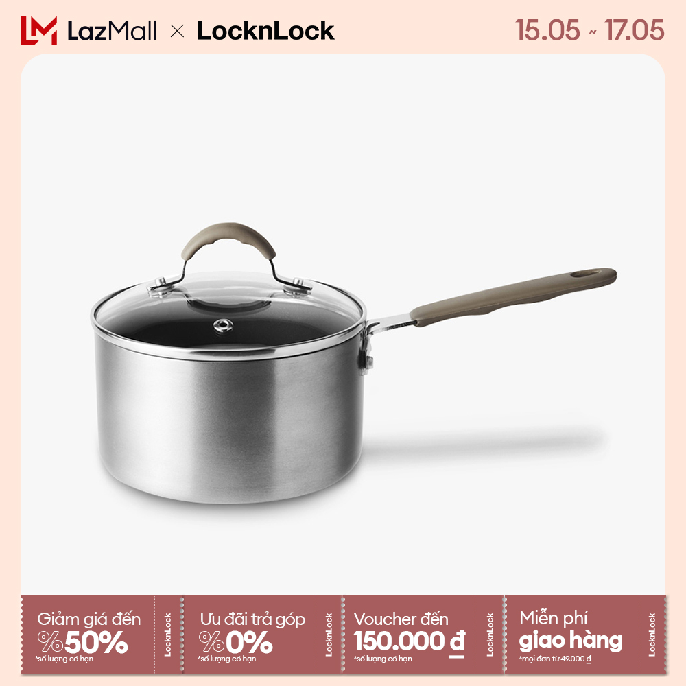 Nồi chống dính thép không gỉ Lock&Lock Handycook 14cm LHD1142 - 2 tay cầm -  Có kèm nắp - Màu xám 