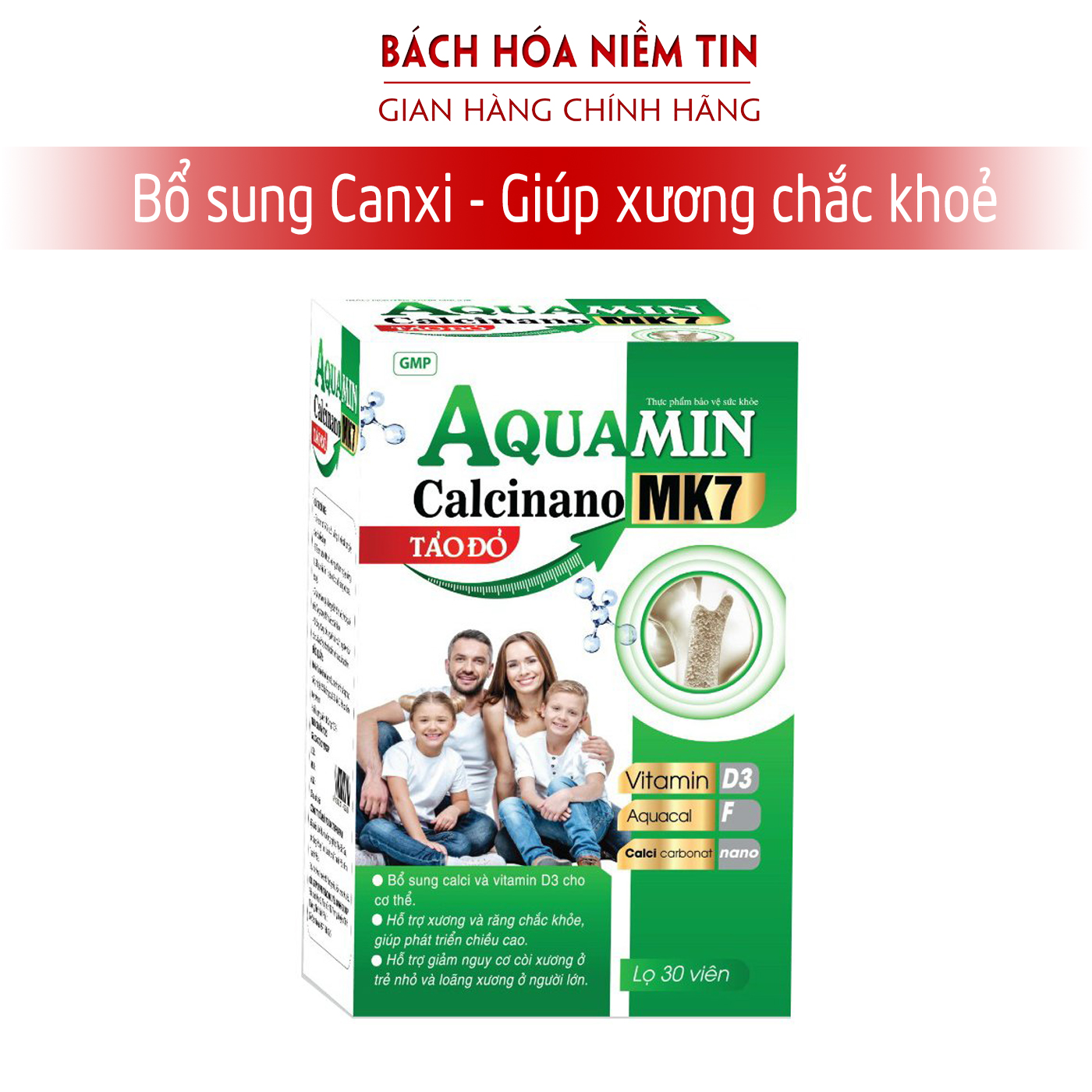 Viên Uống Aquamin CalCi Nano MK7 Bổ Sung Canxi, Vitamin D3, Vitamin K2  Phát triển hệ xương, chắc khỏe xương, giảm loãng xương - Hộp 30 viên Sử dụng cho bà bầu, trẻ em và người lớn