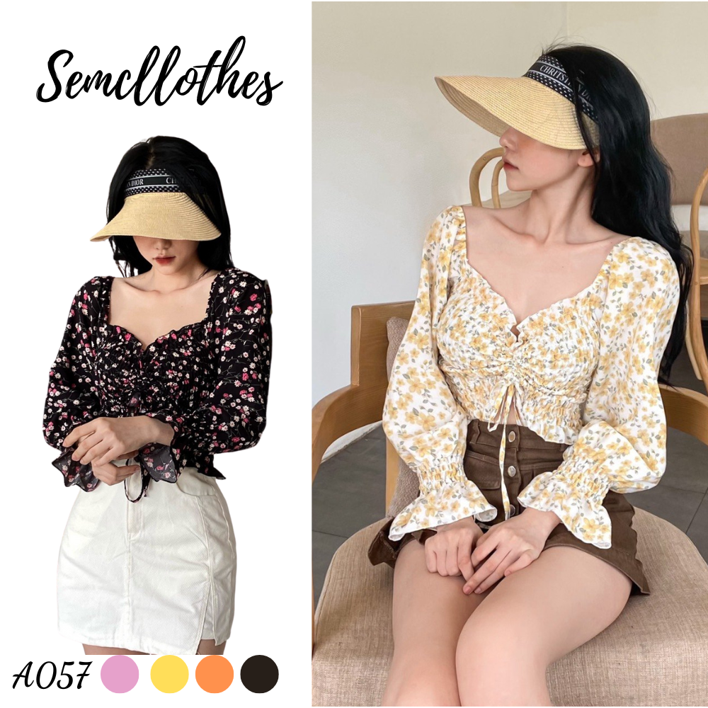 Áo croptop nữ tay dài phồng bo chun thiết kế dây rút nhẹ nhàng nữ tính A057 Semclothes