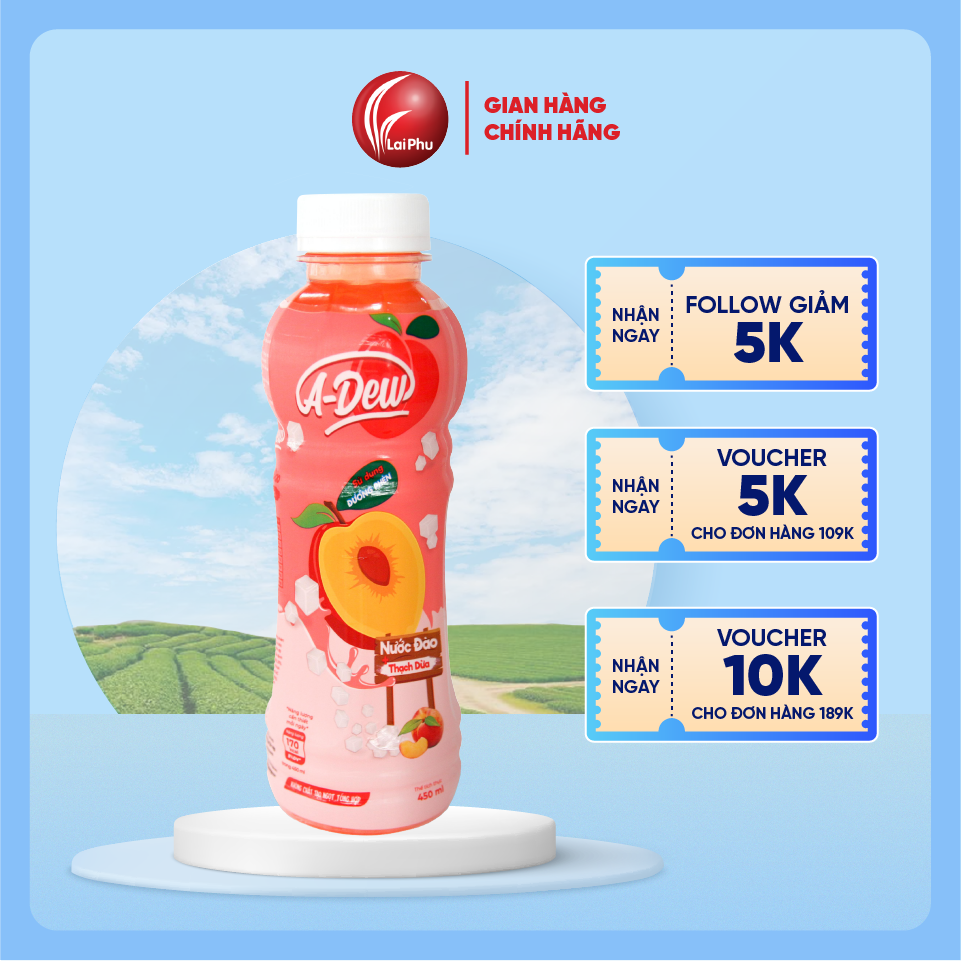 Nước trái cây đào thạch dừa a-dew chai 450ml - lốc 6 chai