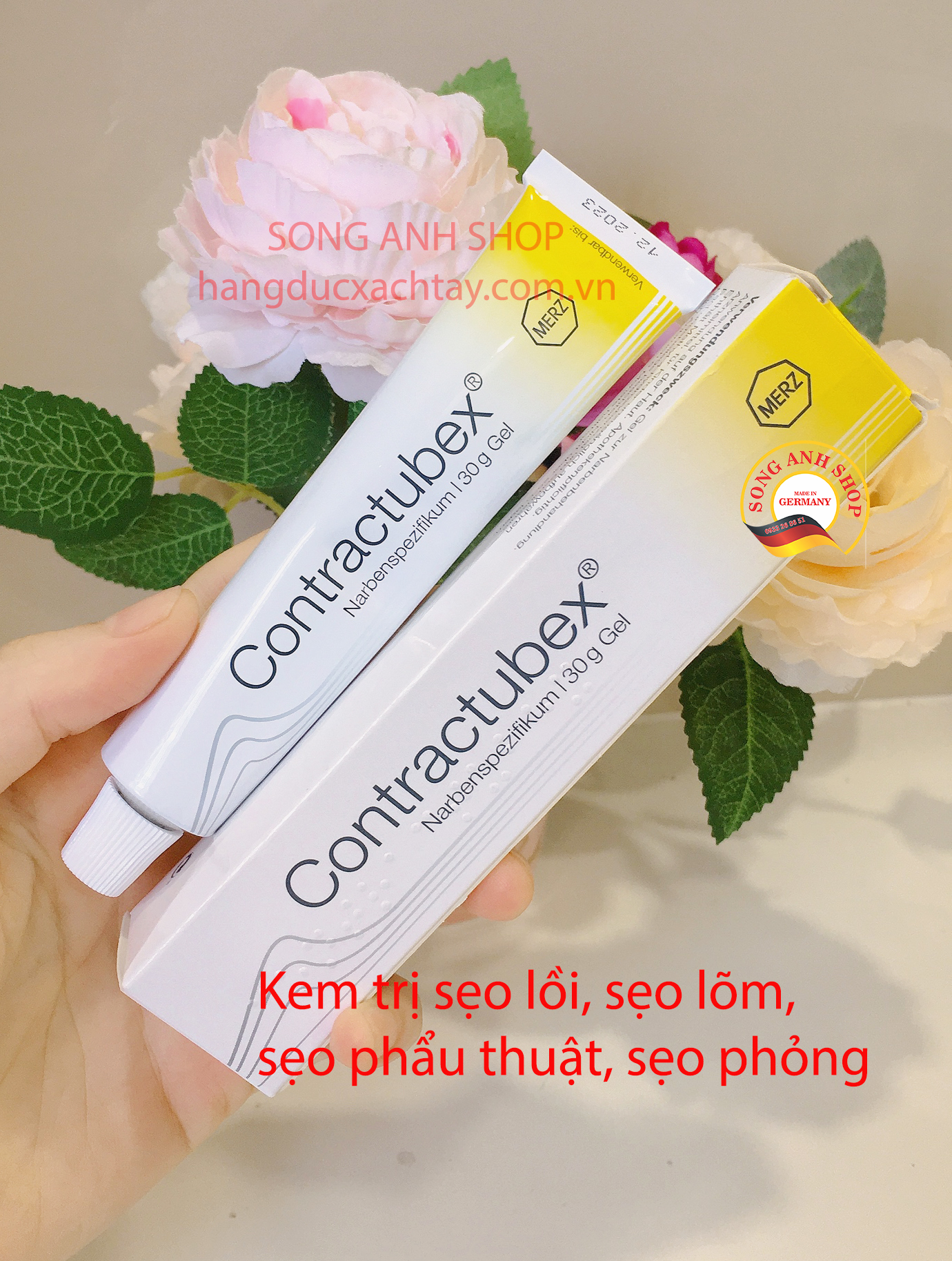 Gel làm mờ sẹo lồi, sẹo lõm, sẹo thâm, sẹo do bỏng bô, bỏng nước/ dầu Contractubex 30g Đức