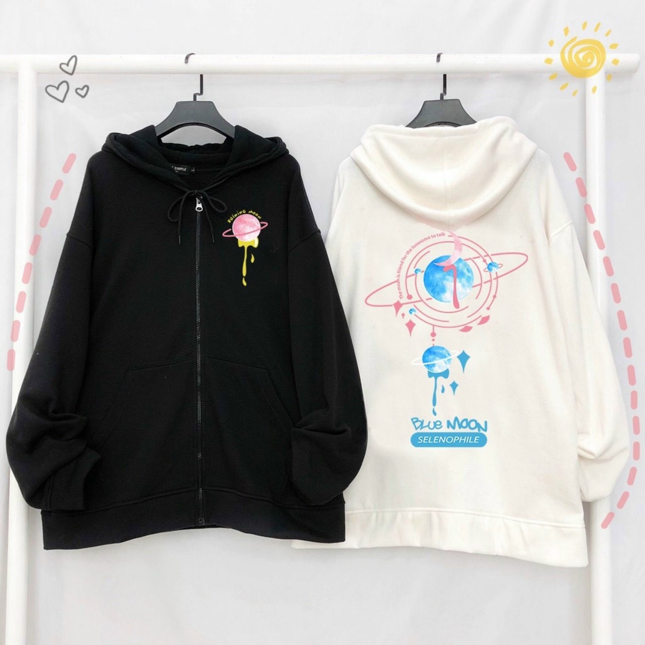 Áo khoác hoodie dây kéo có nón họa tiết tinh cầu tình yêu tnm