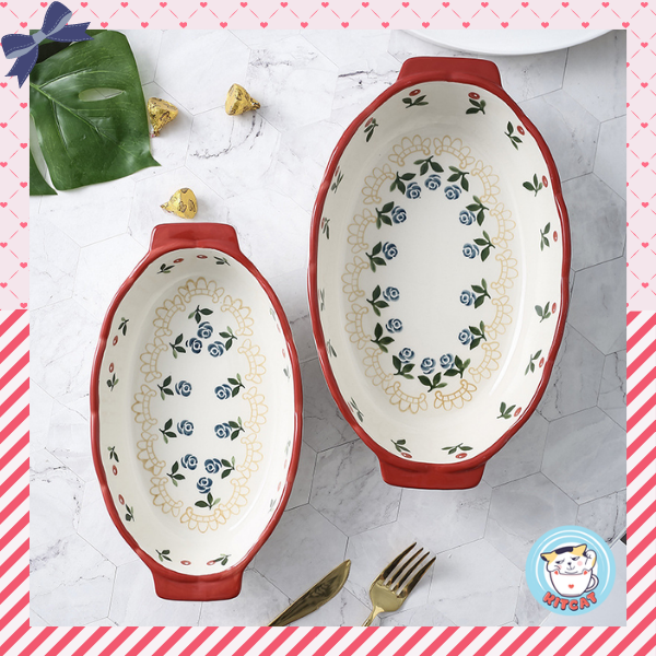 Thố oval, khay nướng oval Cherry phong cách Nhật Bản - Hàn Quốc gốm sứ vẽ tay thủ công KITCAT STORE