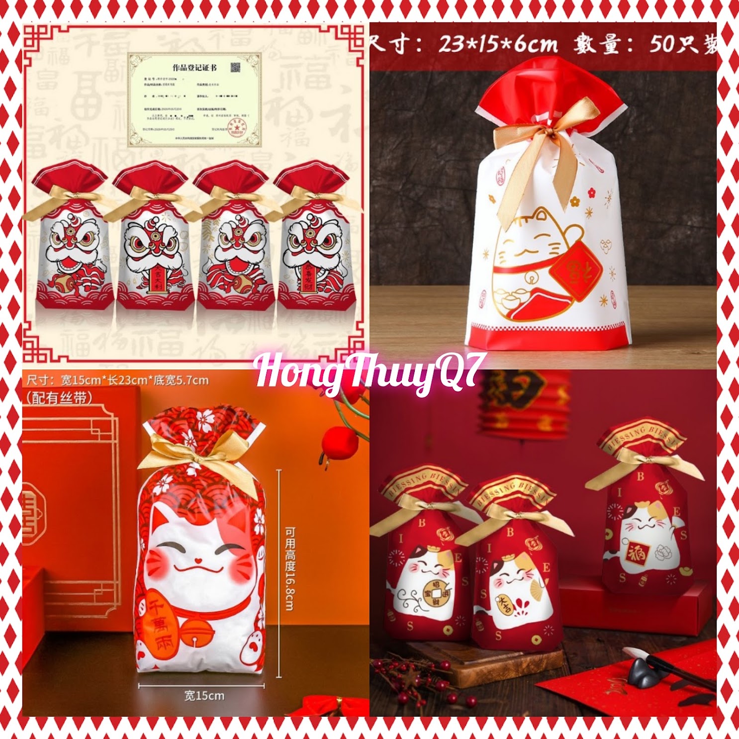 10 túi đựng quà mẫu tết dây rút có ruy băng thắt nơ 15x23+6cm /10.73/ - hongthuyq7