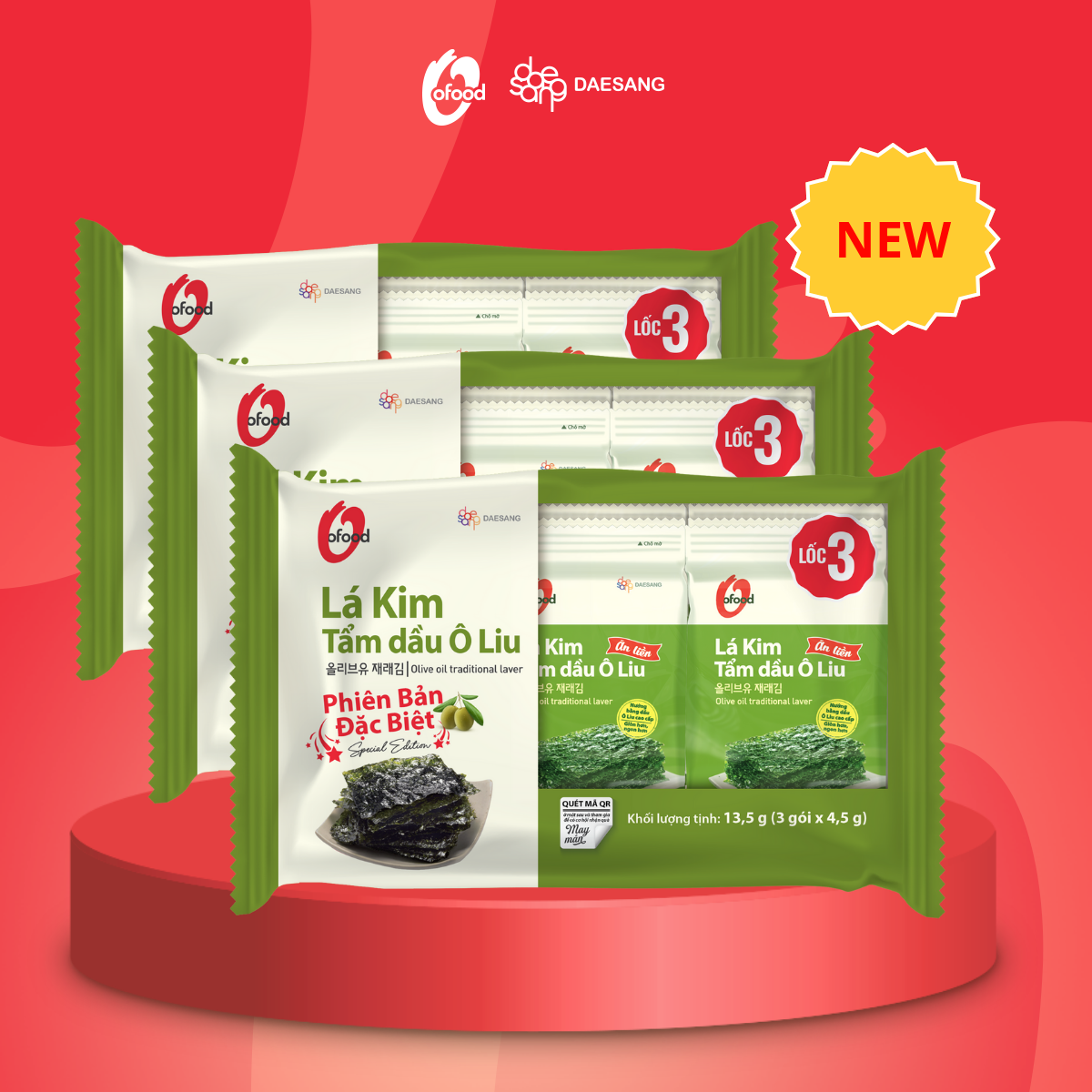 COMBO 2 lốc tặng 1 lốc Rong biển/ Lá kim tẩm dầu Oliu O'Food lốc 3 (4.5 g x 3 gói) ăn liền giòn, thơm, gia vị vừa miệng