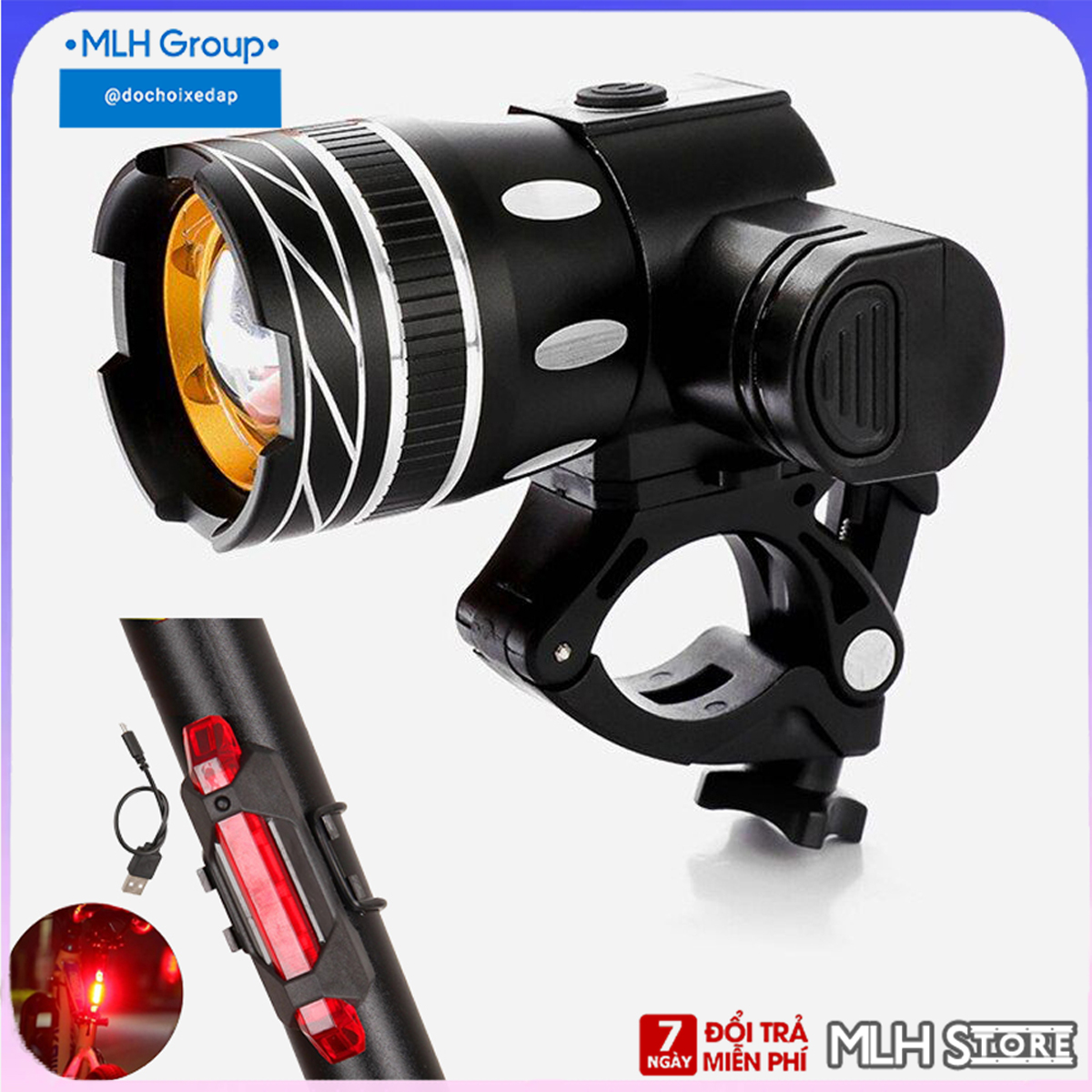 Combo đèn pha cho xe đạp siêu sáng chống nước sạc điện usb có kèm chân đế và đèn hậu cảnh báo màu đỏ gắn đuôi xe đạp MLH