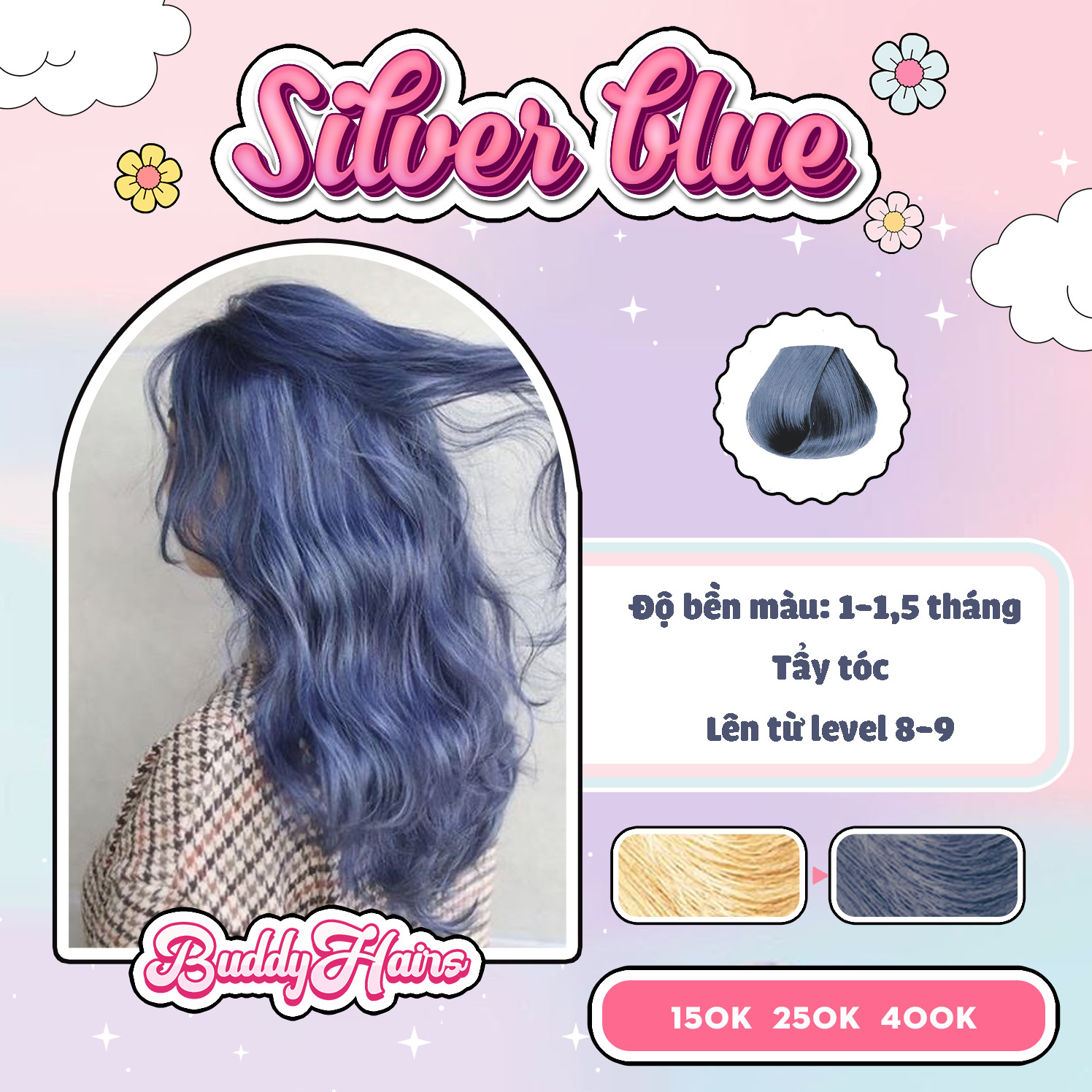 Thuốc nhuộm tóc Silver Blue / Xanh khói / Xanh ánh khói cần dùng Thuốc tẩy tóc của Buddyhairs TẶNG KÈM trợ nhuộm , găng tay , mũ trùm đầu , 1 thuốc tẩy bé 50K độc quyền Buddyhairs